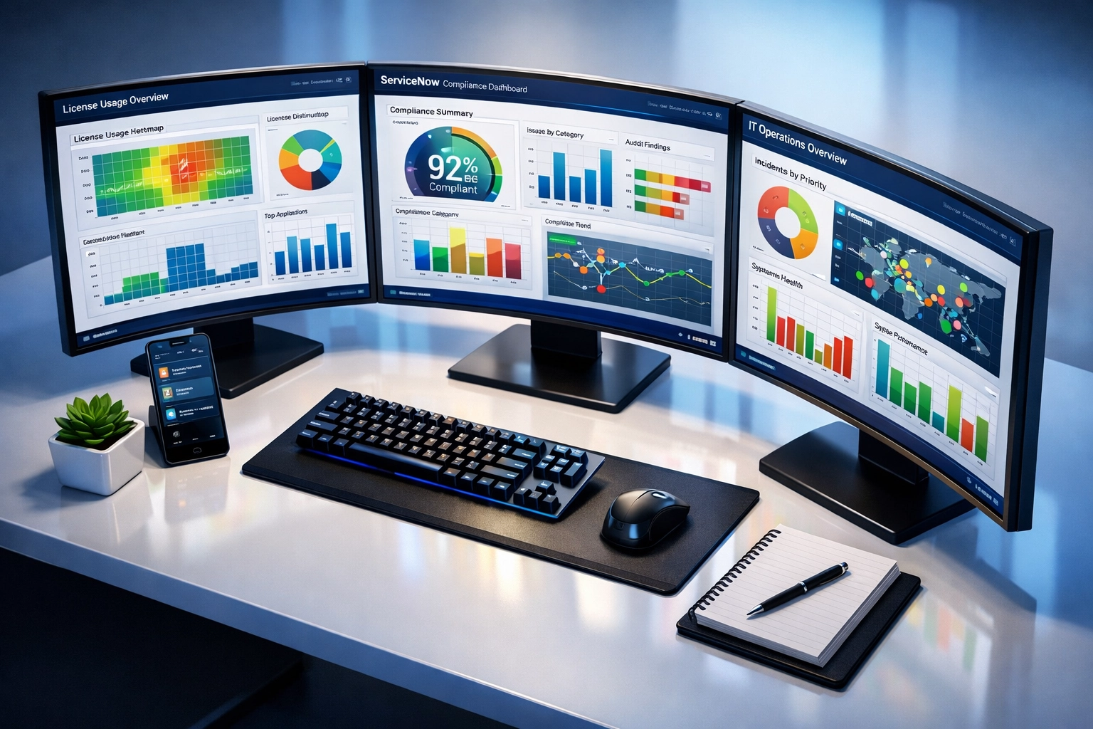 IT professional monitoring ServiceNow ITOM dashboards with license compliance and usage data