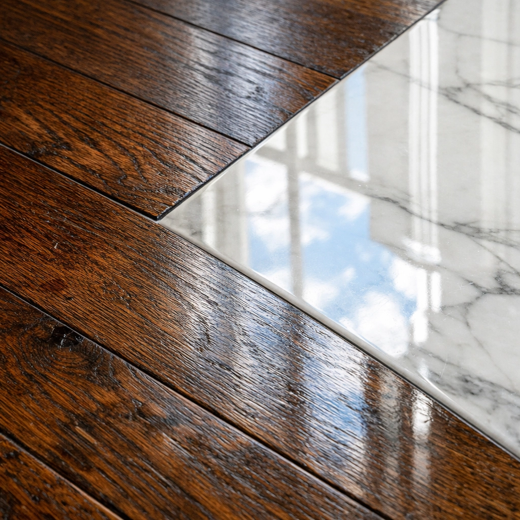 Detail of polished marble floors preserved by expert Marblehead luxury cleaning techniques.