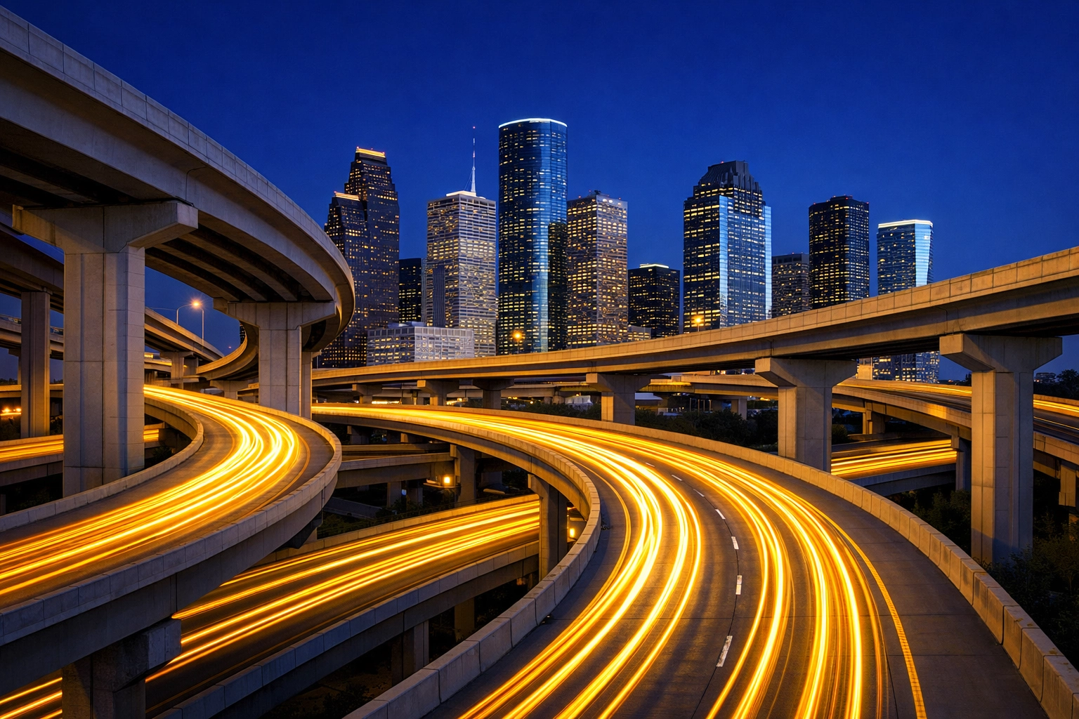 Complex Houston highway traffic at night, symbolizing the intricate Texas 51% bar rule and fault assignment.
