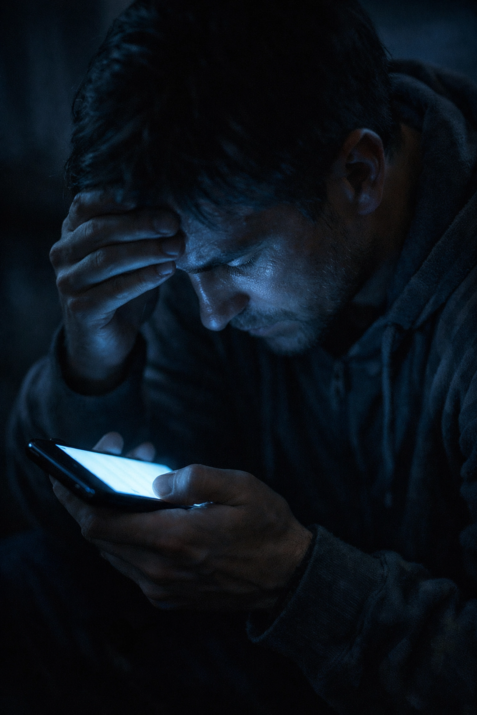 Person stressed by doom-scrolling at night with anxious expression from phone's blue light