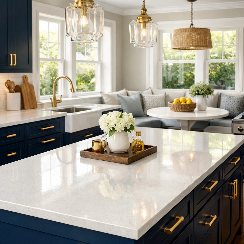 Weekly house cleaning Paxton MA in a modern kitchen with sparkling white countertops.