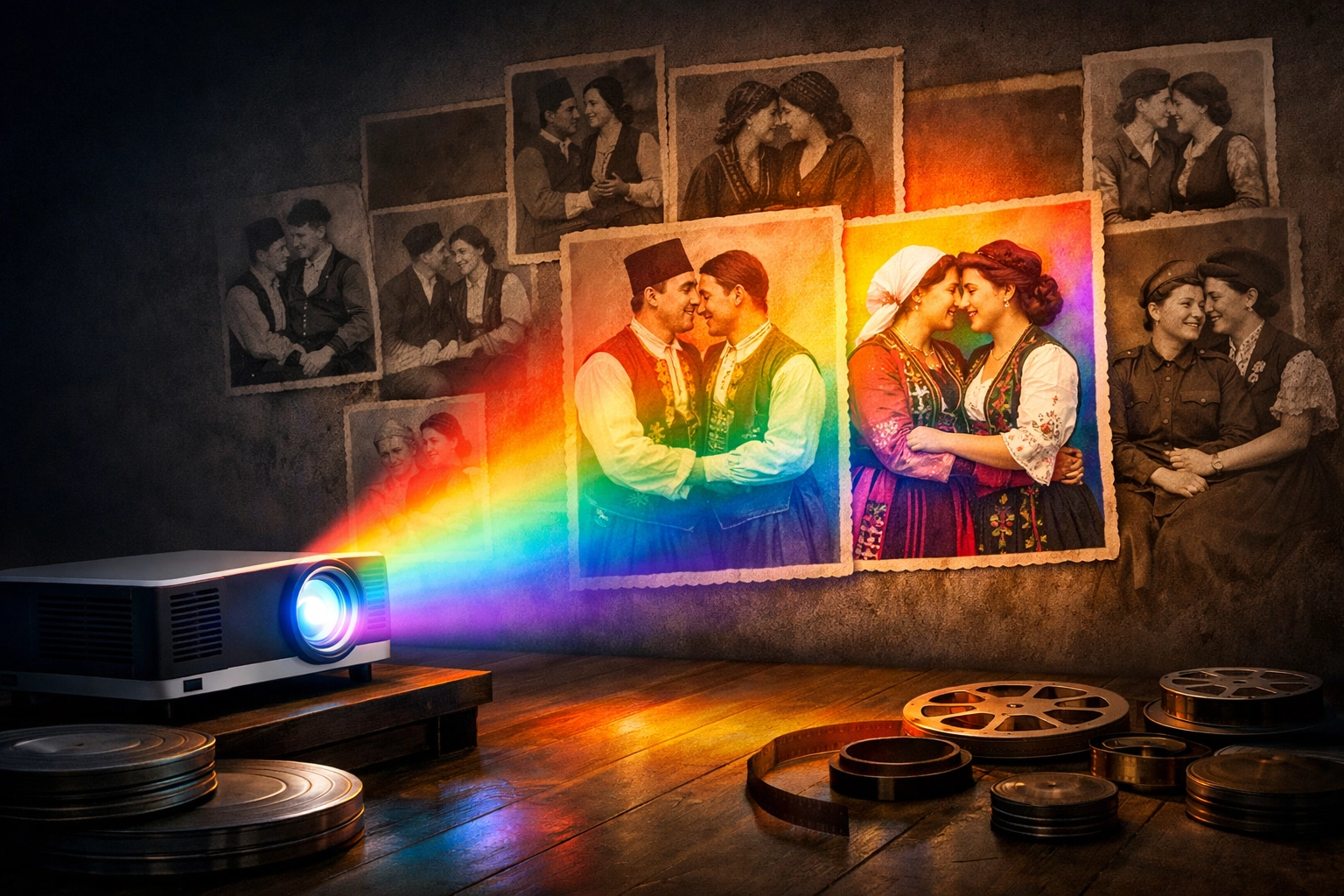 Modern rainbow light illuminating archival photos of Balkan queer couples, highlighting gay historical romance and lineage.