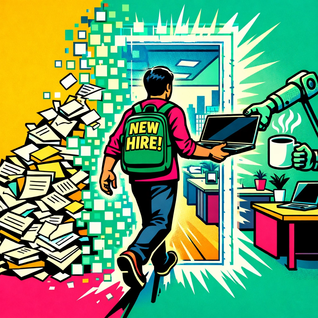 Efficient employee onboarding showing a new hire entering a digital workspace with automated HR tools.