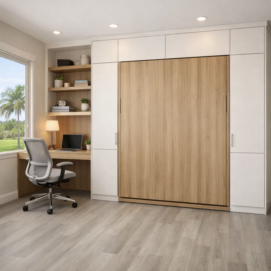 Integrated home office and flex space in Orlando with custom Murphy bed and light oak built-in desk.