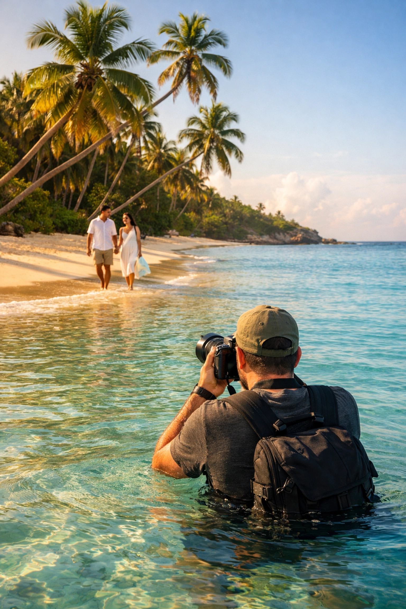 Travel photographer shooting a lifestyle session on a beach in the Dominican Republic to find more work.