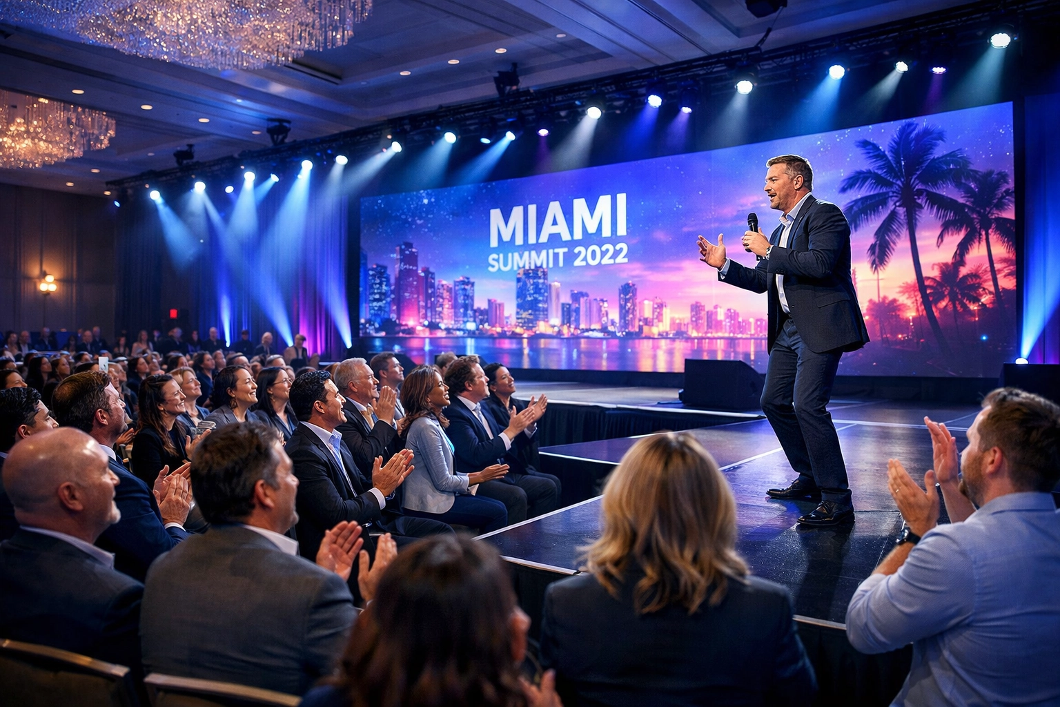 Corporate event photographer miami captures a dynamic keynote presentation at a large-scale business conference.