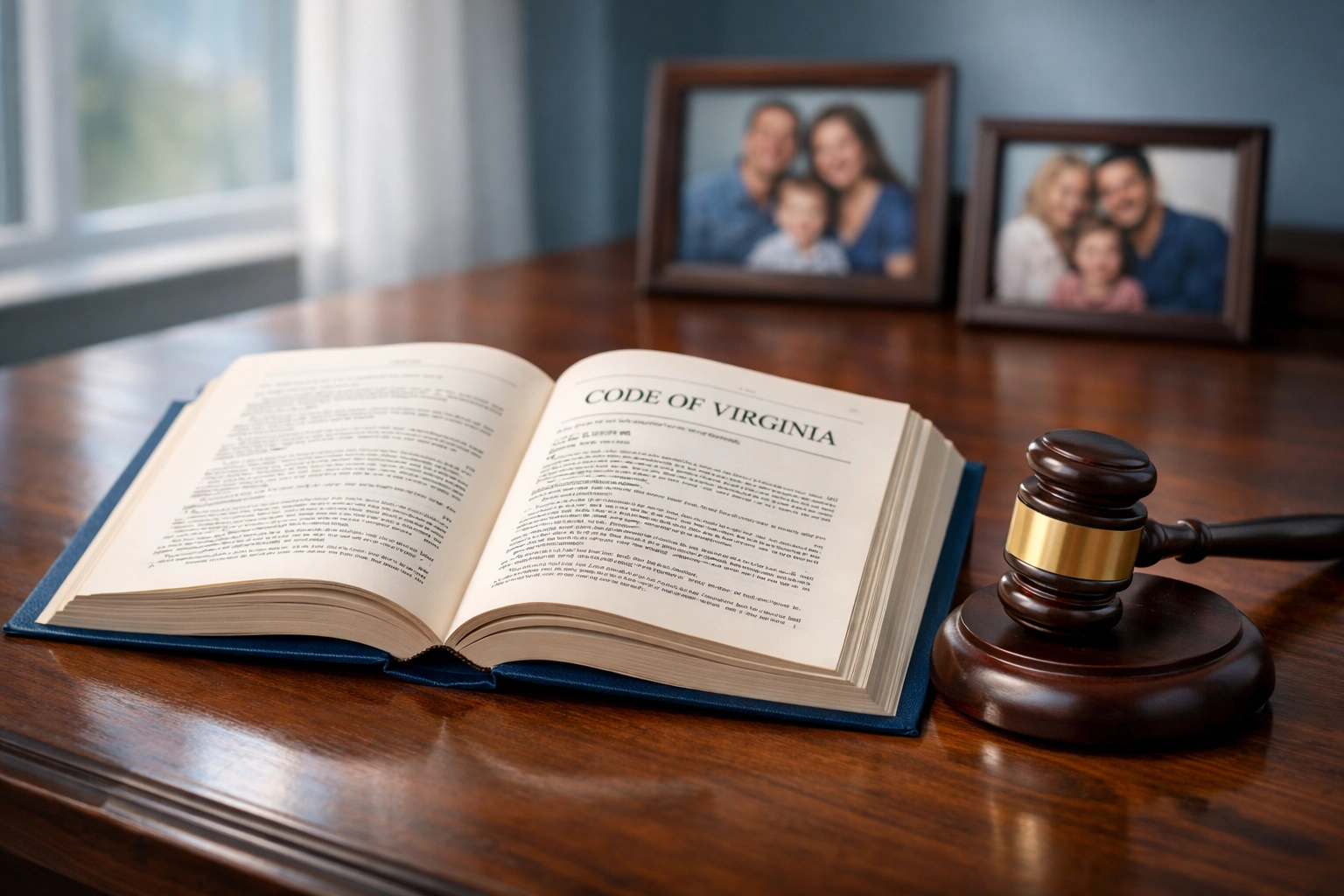 Virginia legal code book with gavel and family photos representing custody law expertise