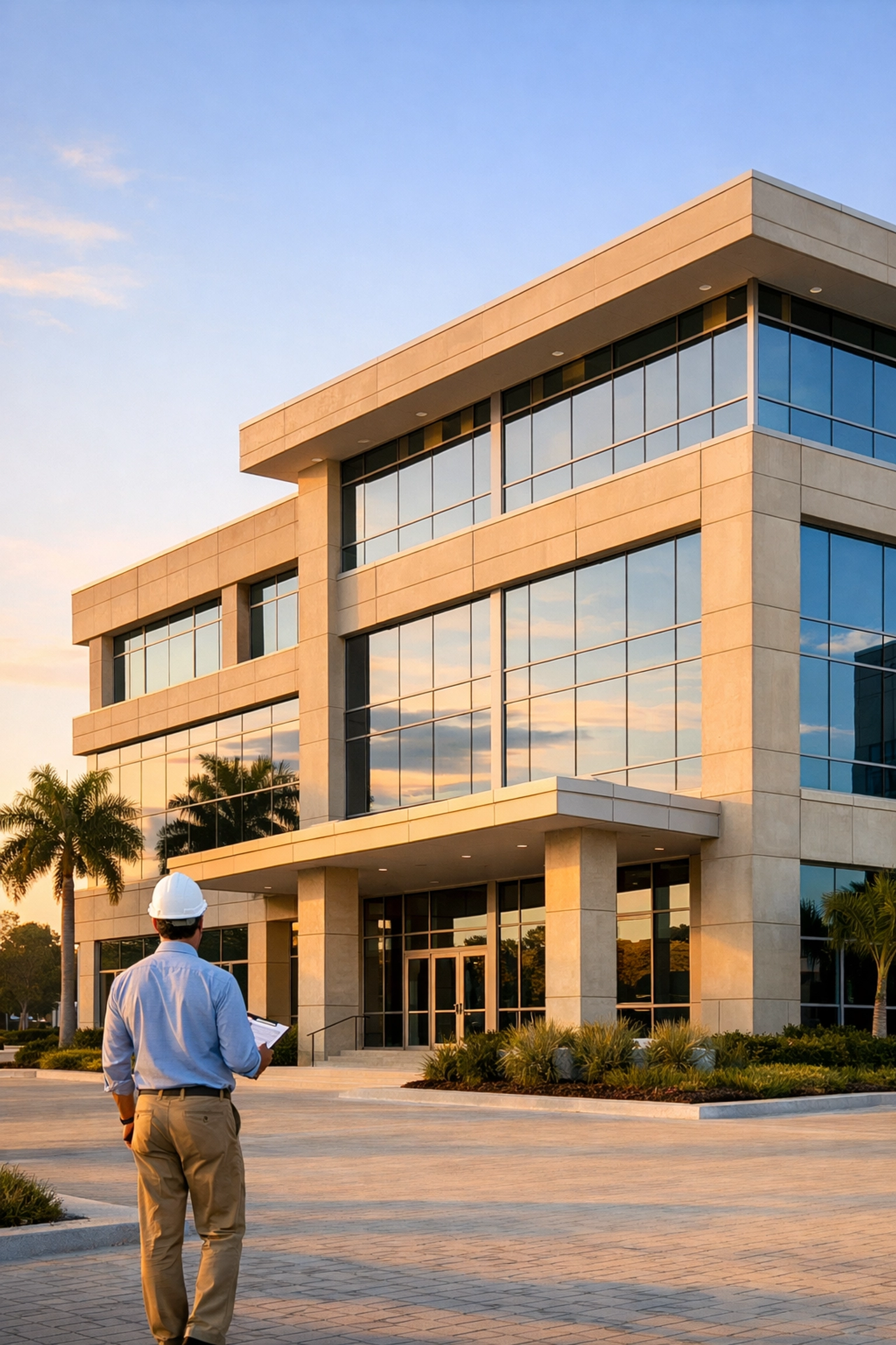 Professional inspection of a modern South Florida commercial building for structural recertification and safety.