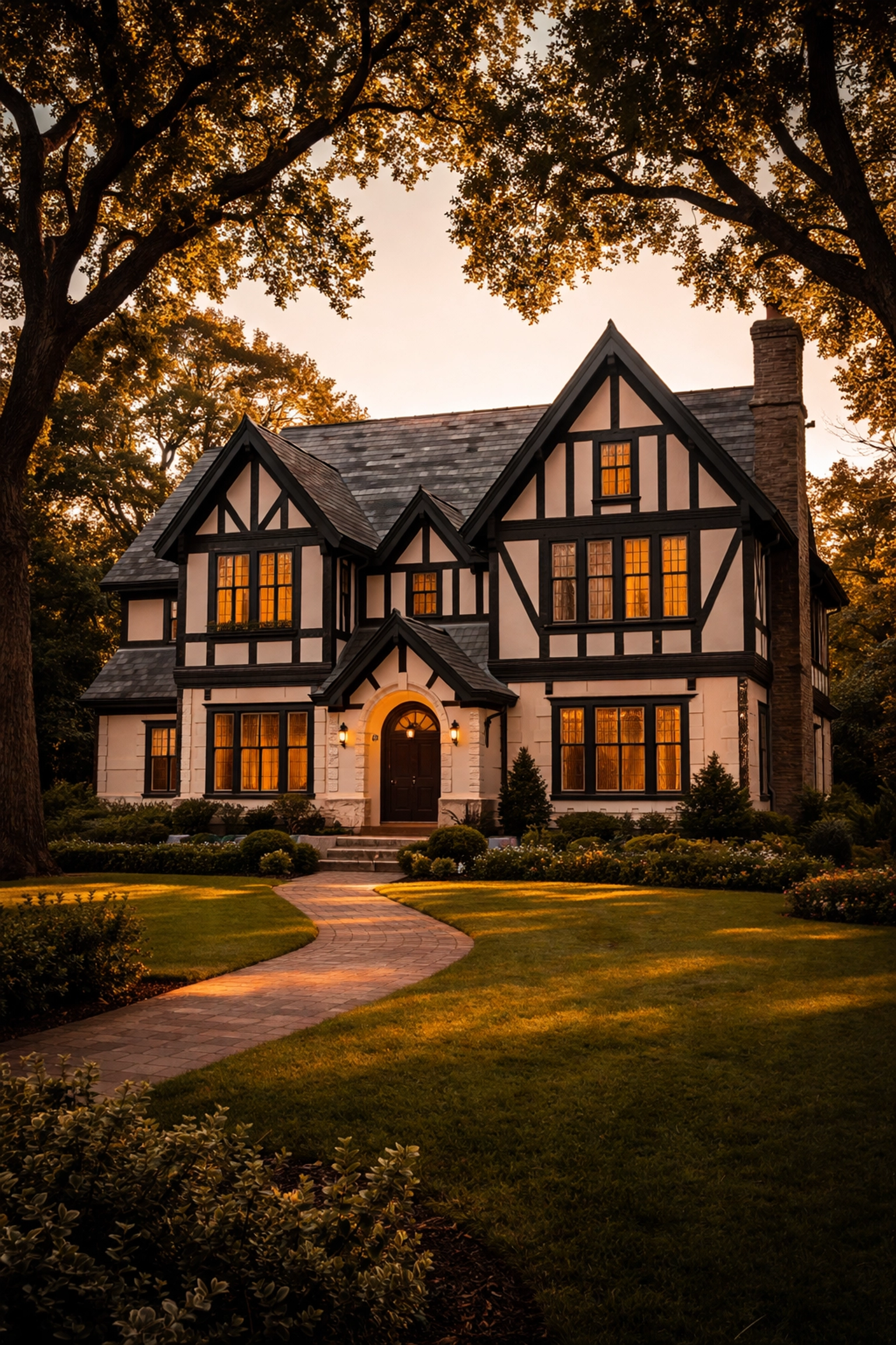 Classic Tudor Revival Bexley home exterior at sunset, representing historic houses for Columbus, Ohio home cleanout services