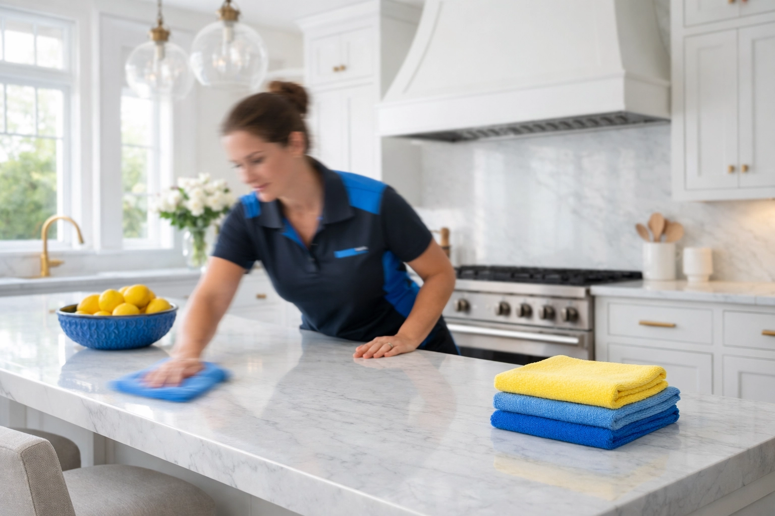Professional house cleaner in a modern kitchen demonstrating high efficiency for house cleaning prices near me.