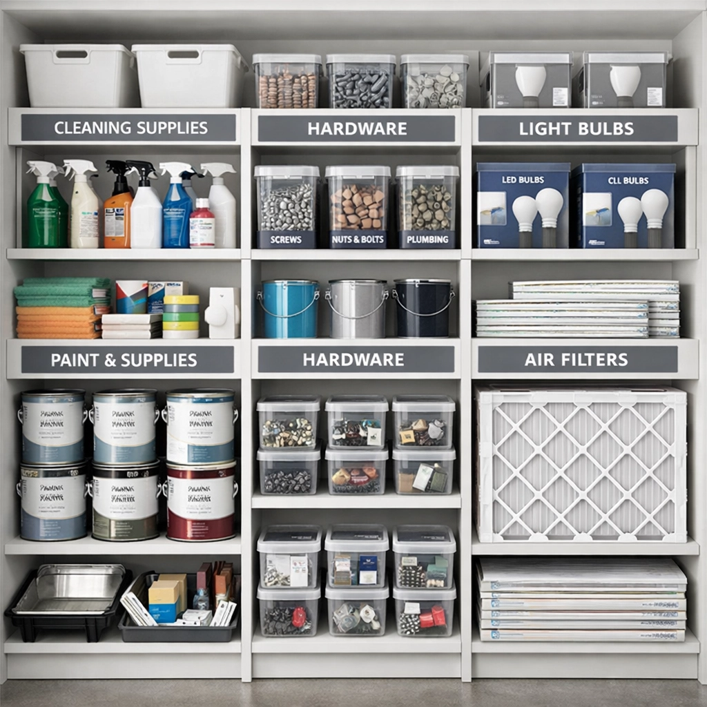 Organized maintenance supply closet with paint, cleaning supplies, and turnover materials stocked