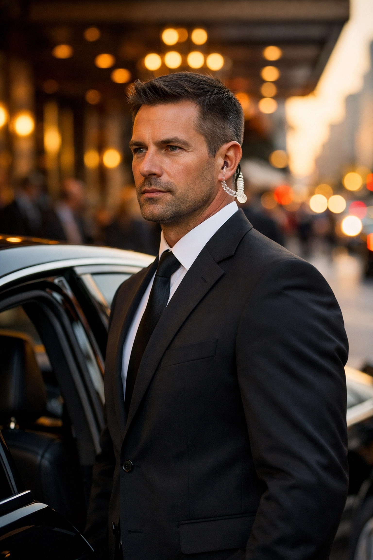 A professional VIP security guard standing by an executive sedan during a major corporate event.