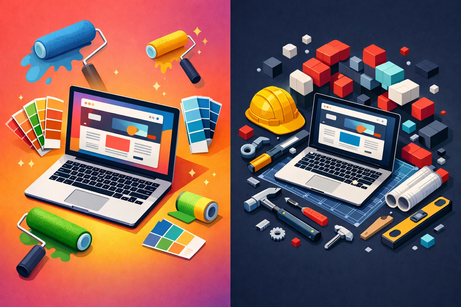 Website redesign vs rebuild comparison showing cosmetic updates versus complete reconstruction