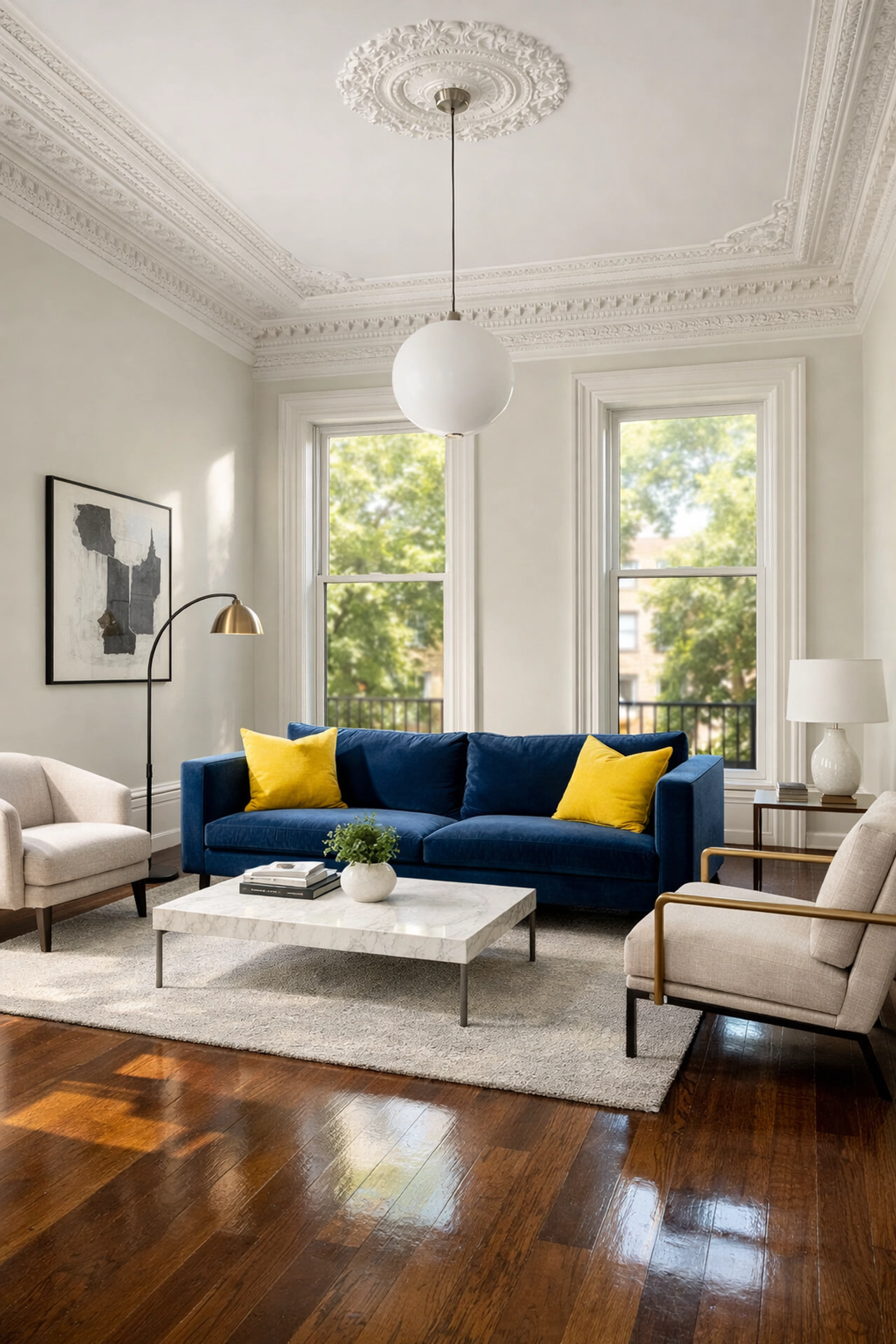 Professionally cleaned sun-drenched living room in a Cambridge brownstone with polished hardwood floors.