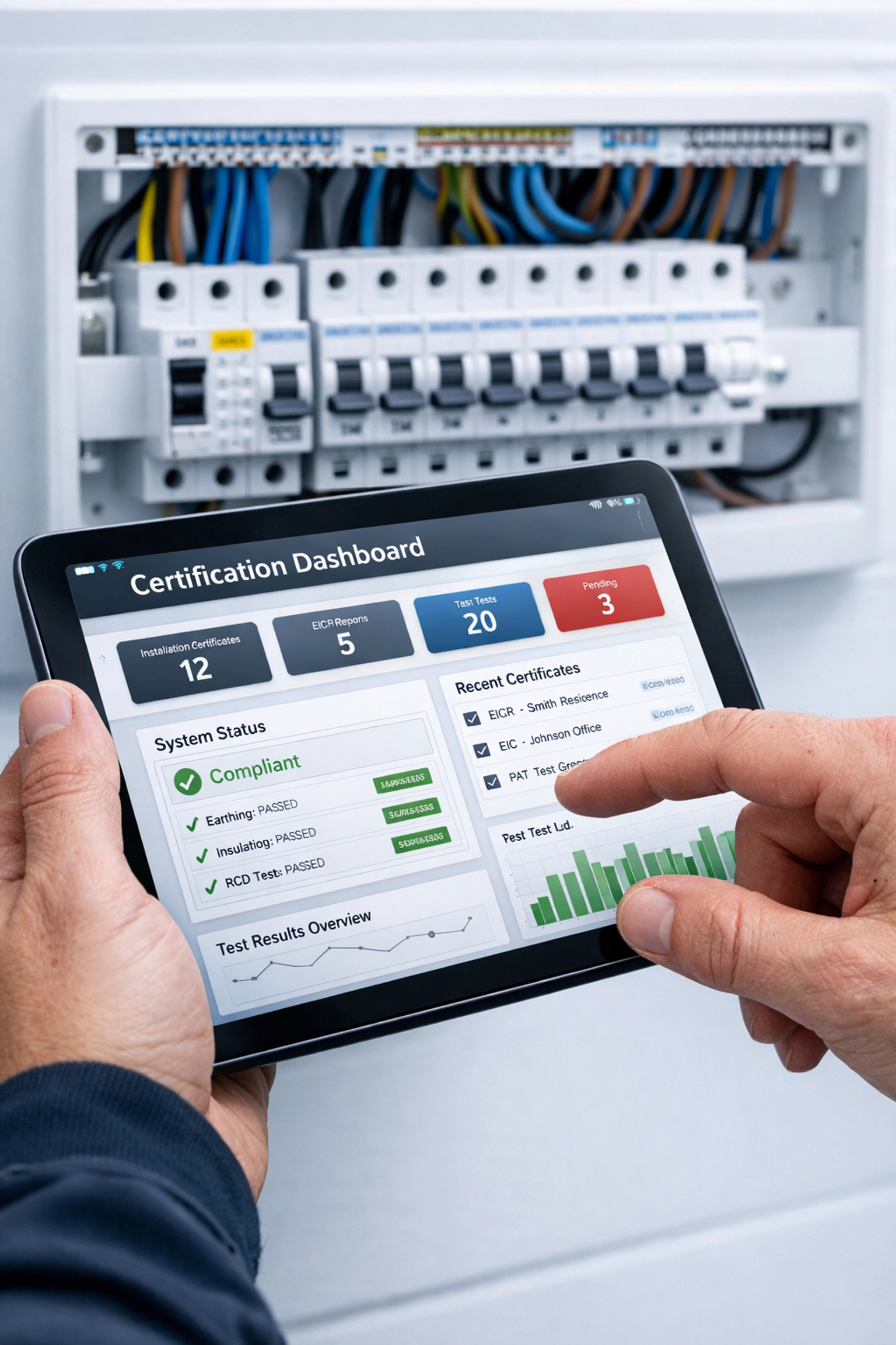 Professional solar installer verifying MCS and NAPIT certifications on a digital tablet in a UK home.
