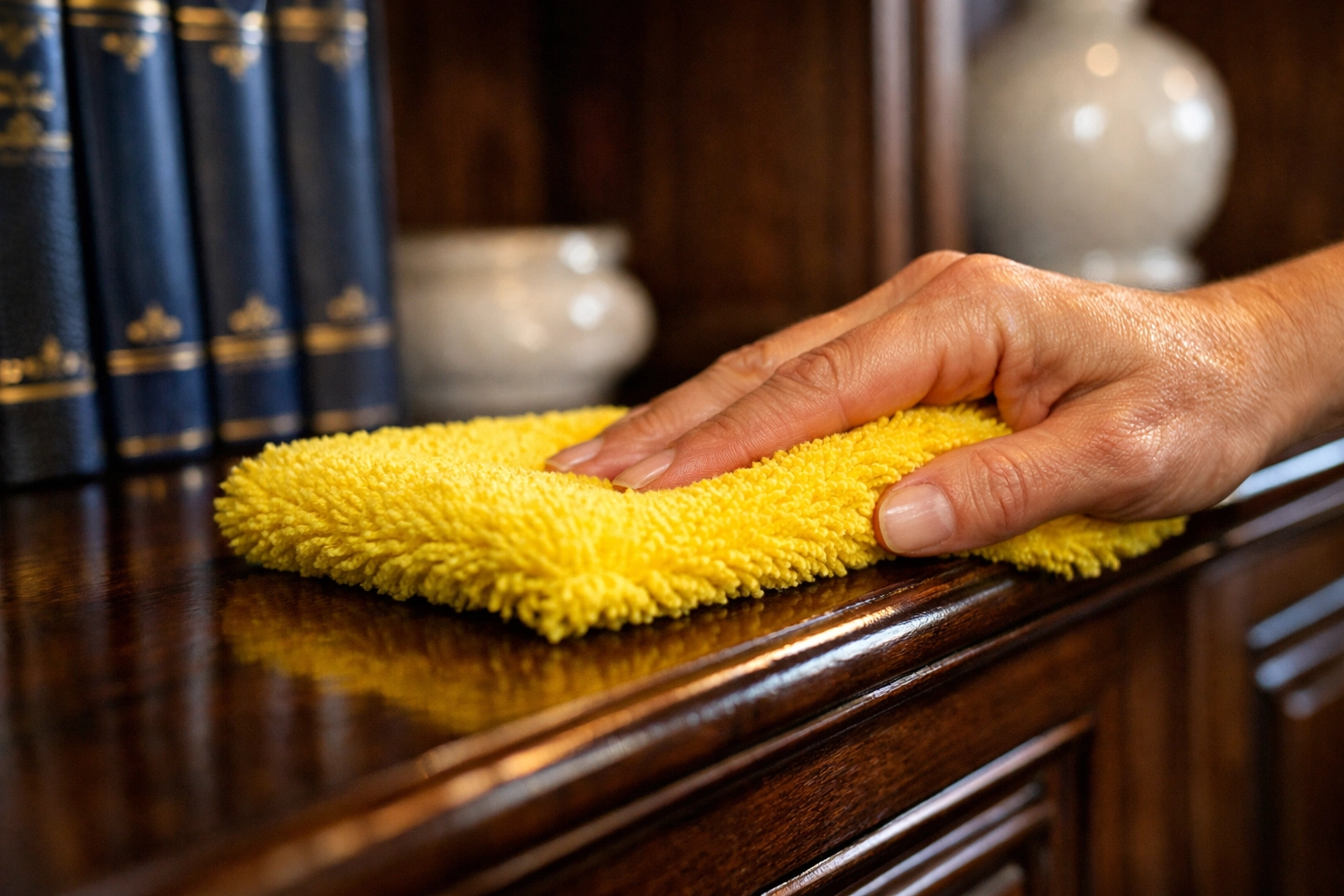 Professional dusting of a luxury wood bookshelf using a yellow microfiber duster in Harvard.