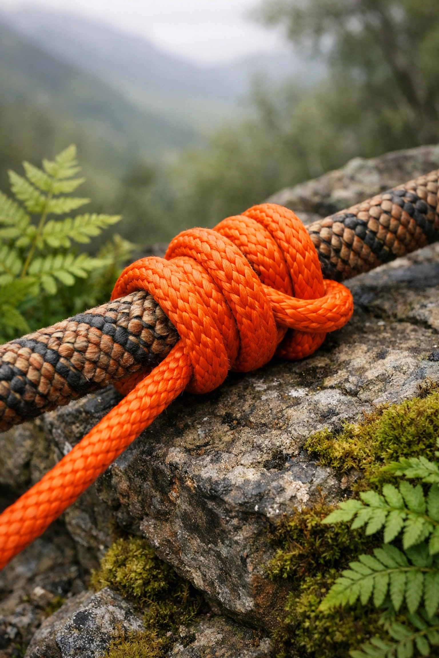 Detailed Prusik knot loop on a rope used for outdoor survival skills in the UK.