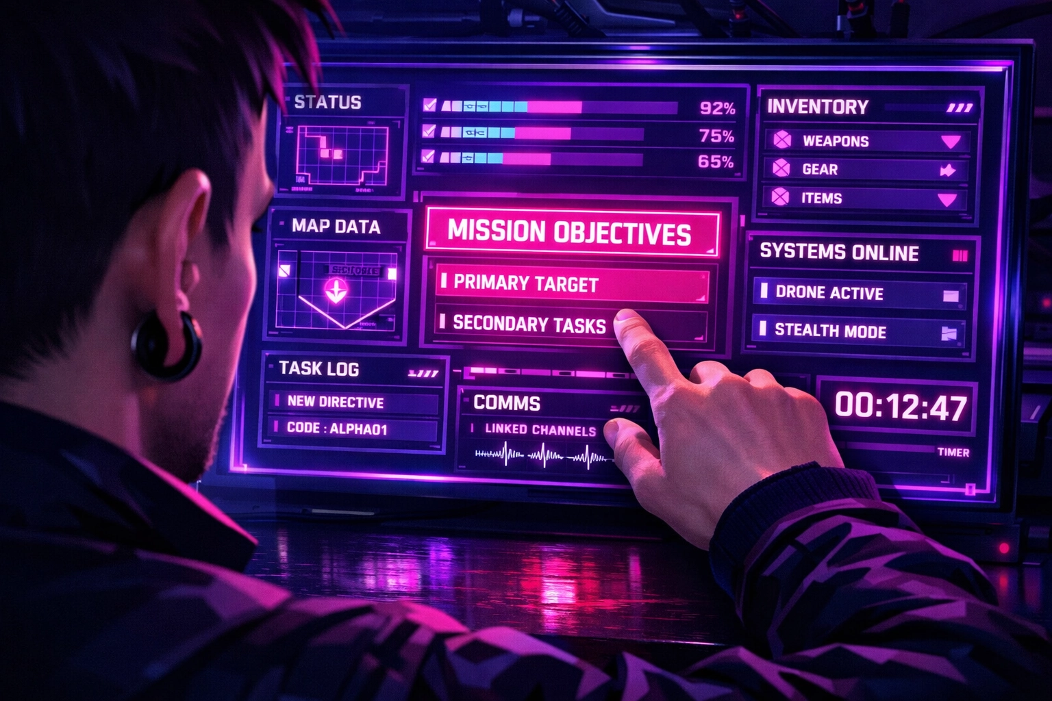 Cyberpunk digital dashboard showing categorized personal finance expenses and real-time budget tracking.
