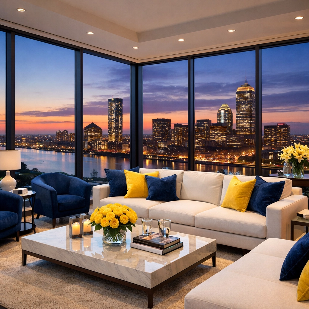 Modern Boston penthouse interior with a skyline view cleaned to perfection by top rated house cleaners near me.