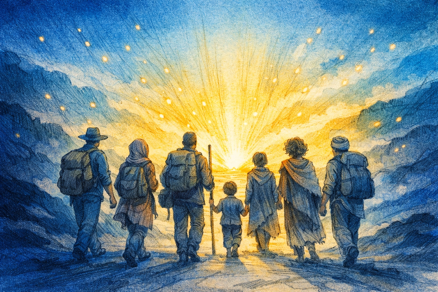 A diverse group of people walking toward a golden light symbolizing hope and divine guidance in their faith journey.