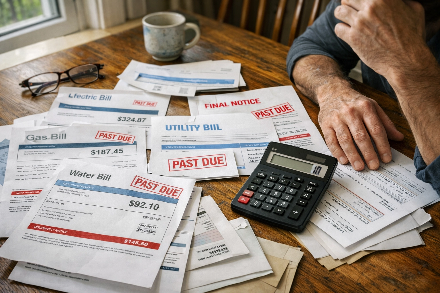 Unpaid utility bills and past due notices on Hudson Valley homeowner's kitchen table
