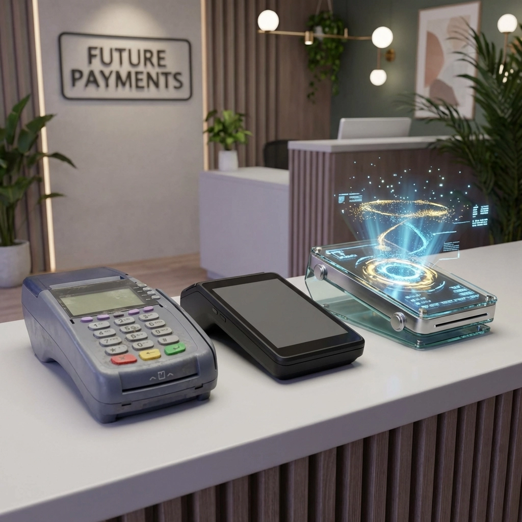 Comparison of modern and outdated crypto POS terminals in a small business setting, highlighting payment innovation