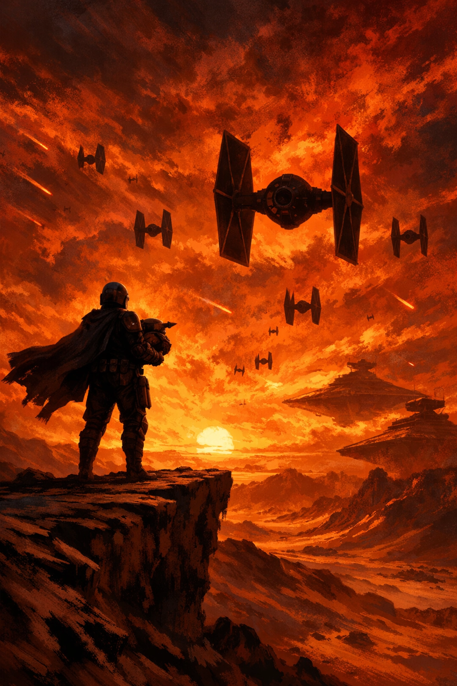 Mandalorian and Grogu facing Imperial TIE fighters on desert landscape