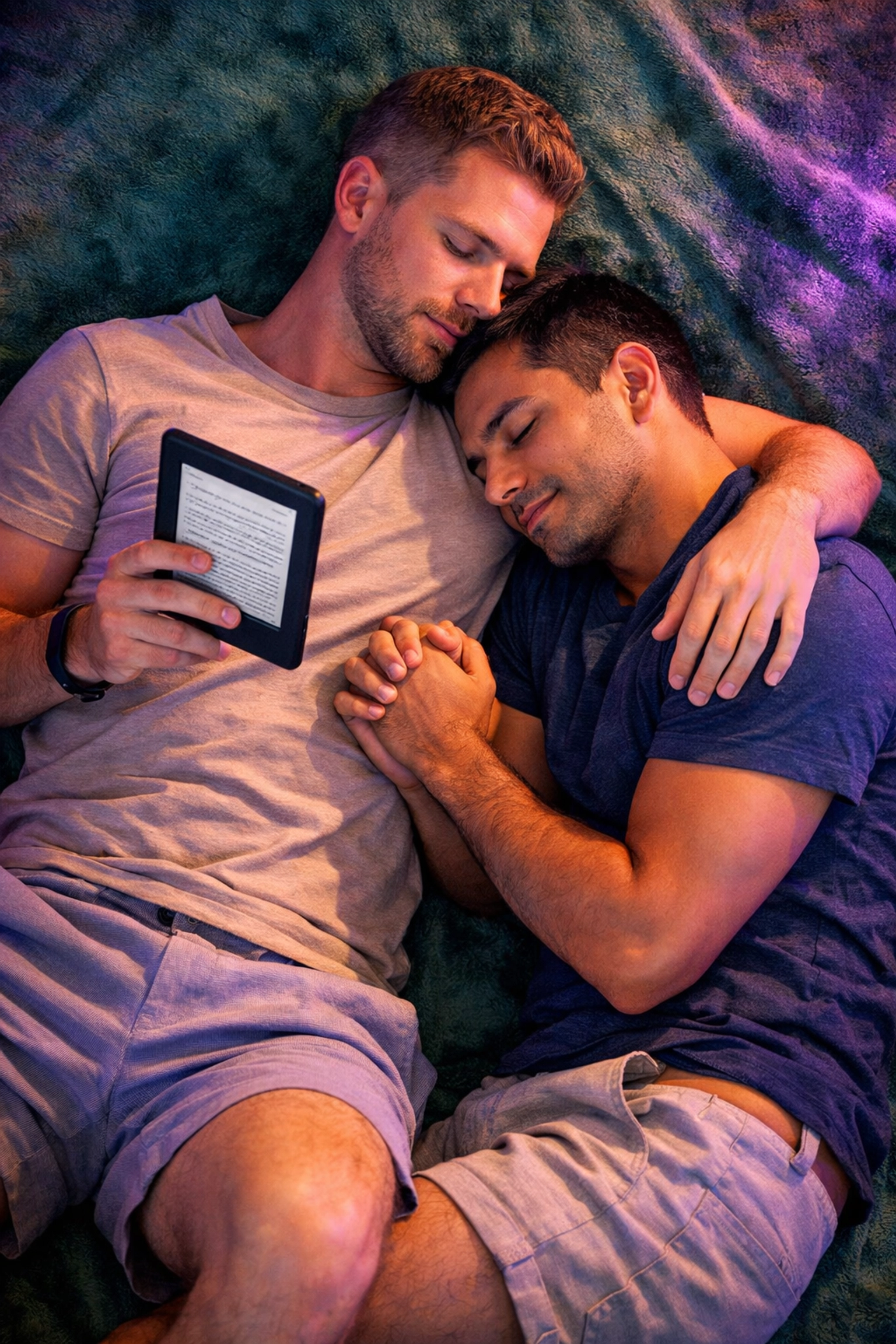Two men sharing a quiet moment of emotional intimacy while reading LGBTQ+ ebooks together.