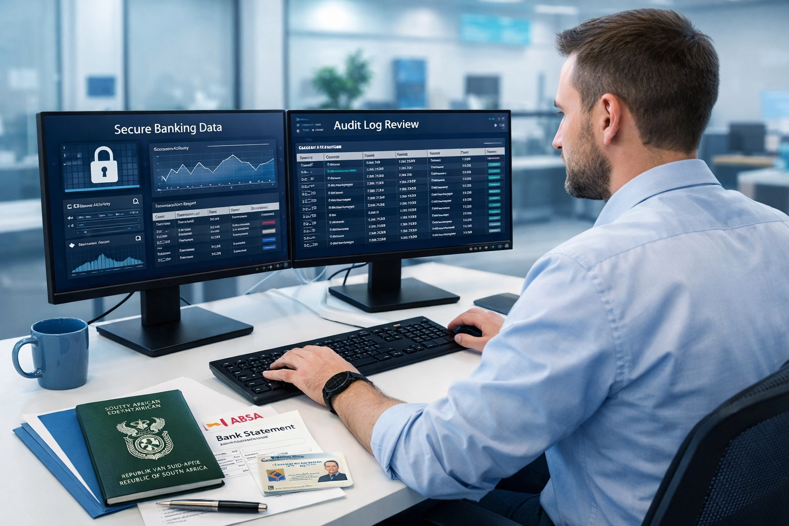 Compliance officer in Cape Town reviewing secure banking data and audit logs for WiFi security.