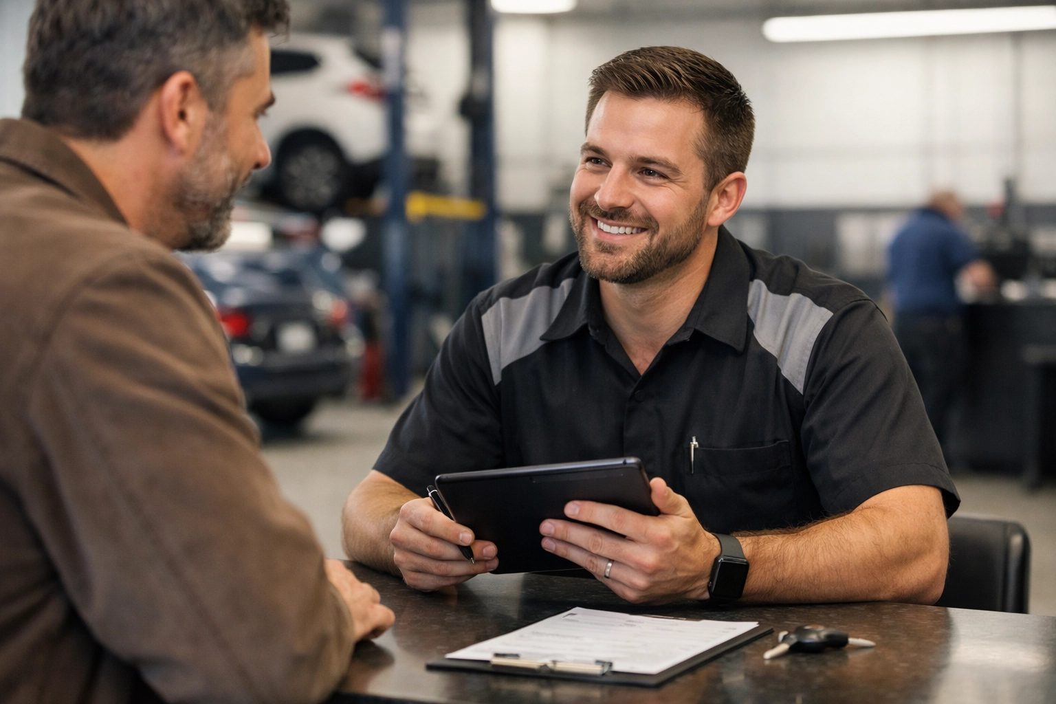 A professional service advisor at an auto repair shop counter assisting a customer with repair details.