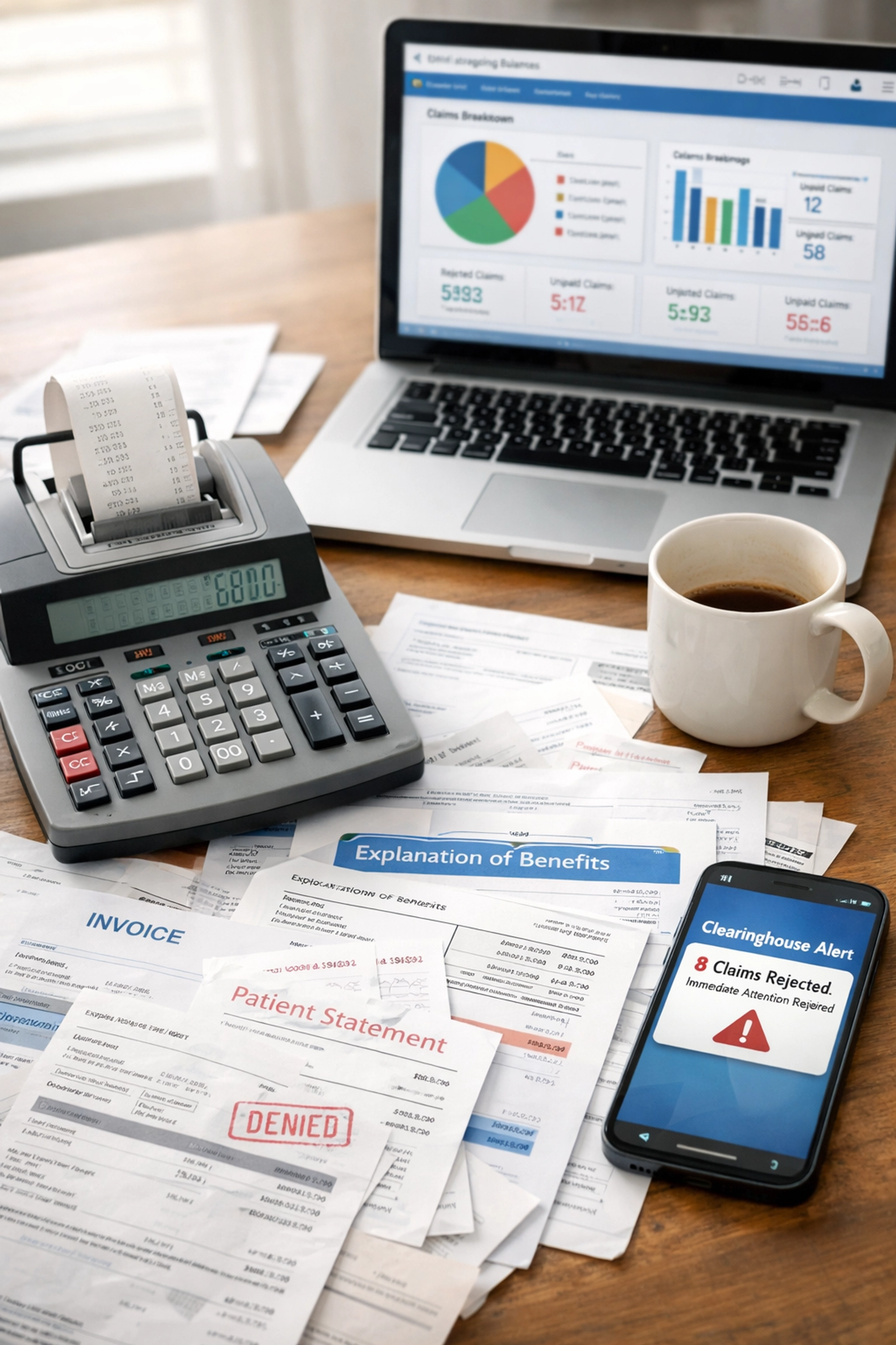 Medical billing software and invoices on desk showing hidden costs for therapy practices