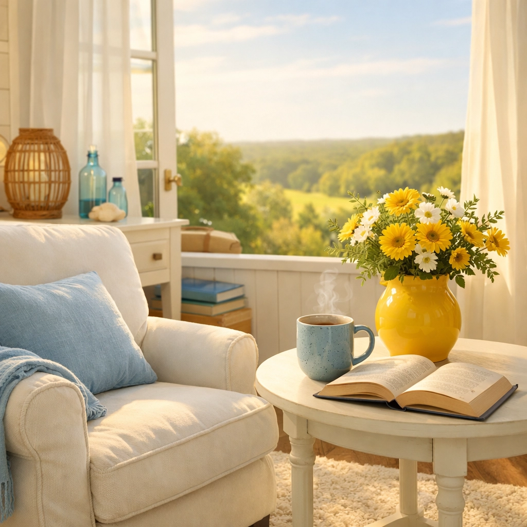 A peaceful, clean sunroom in Cummaquid, MA, maintained by a bi-weekly house cleaning service.