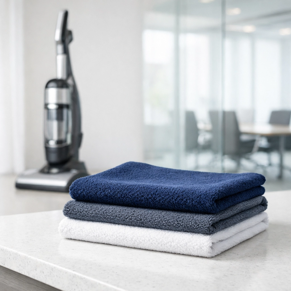 Professional office janitorial supplies featuring microfiber cloths and a high-efficiency HEPA vacuum.