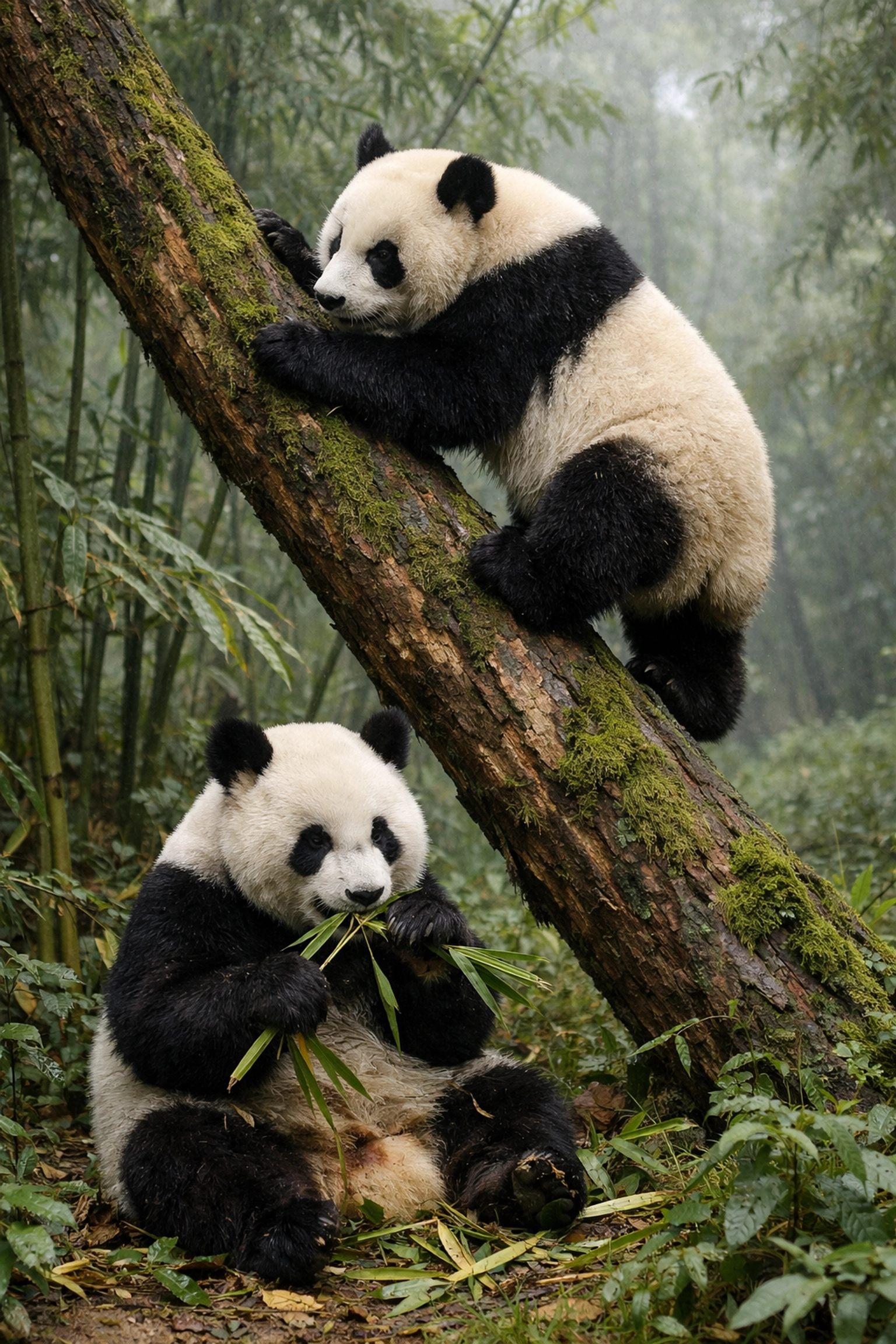 Stock photo of giant pandas interacting in a bamboo forest showing natural animal behavior.