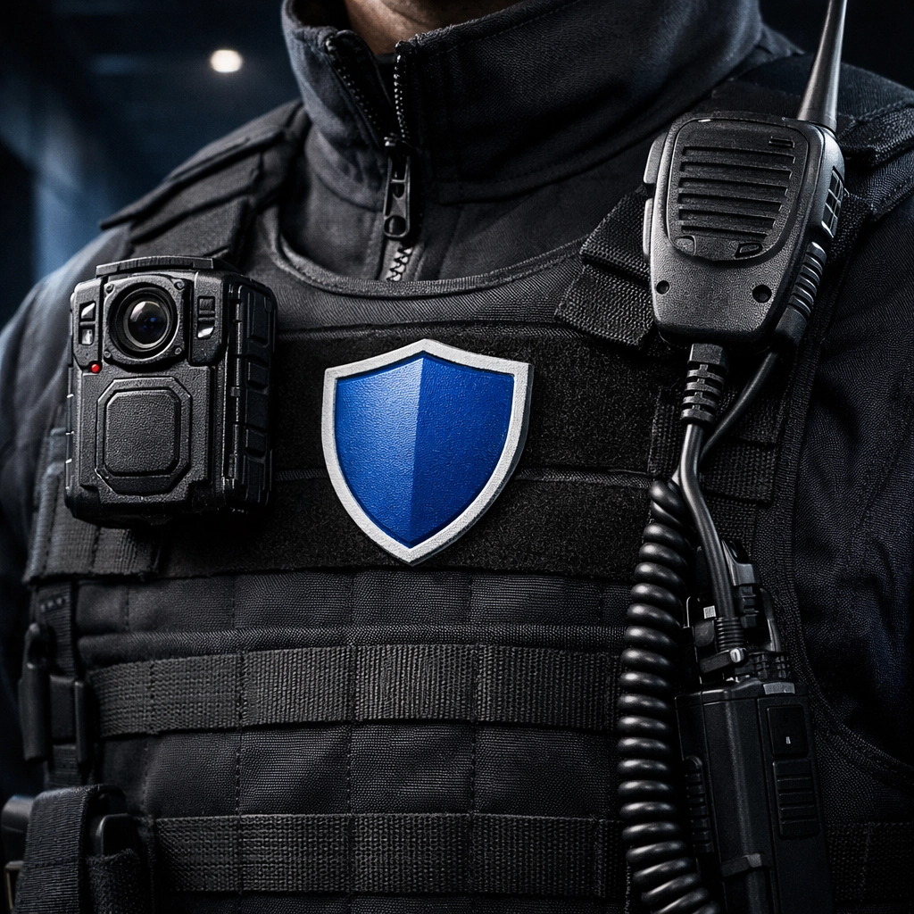 High-tech body-worn camera on a professional security officer's uniform vest with a blue shield logo.