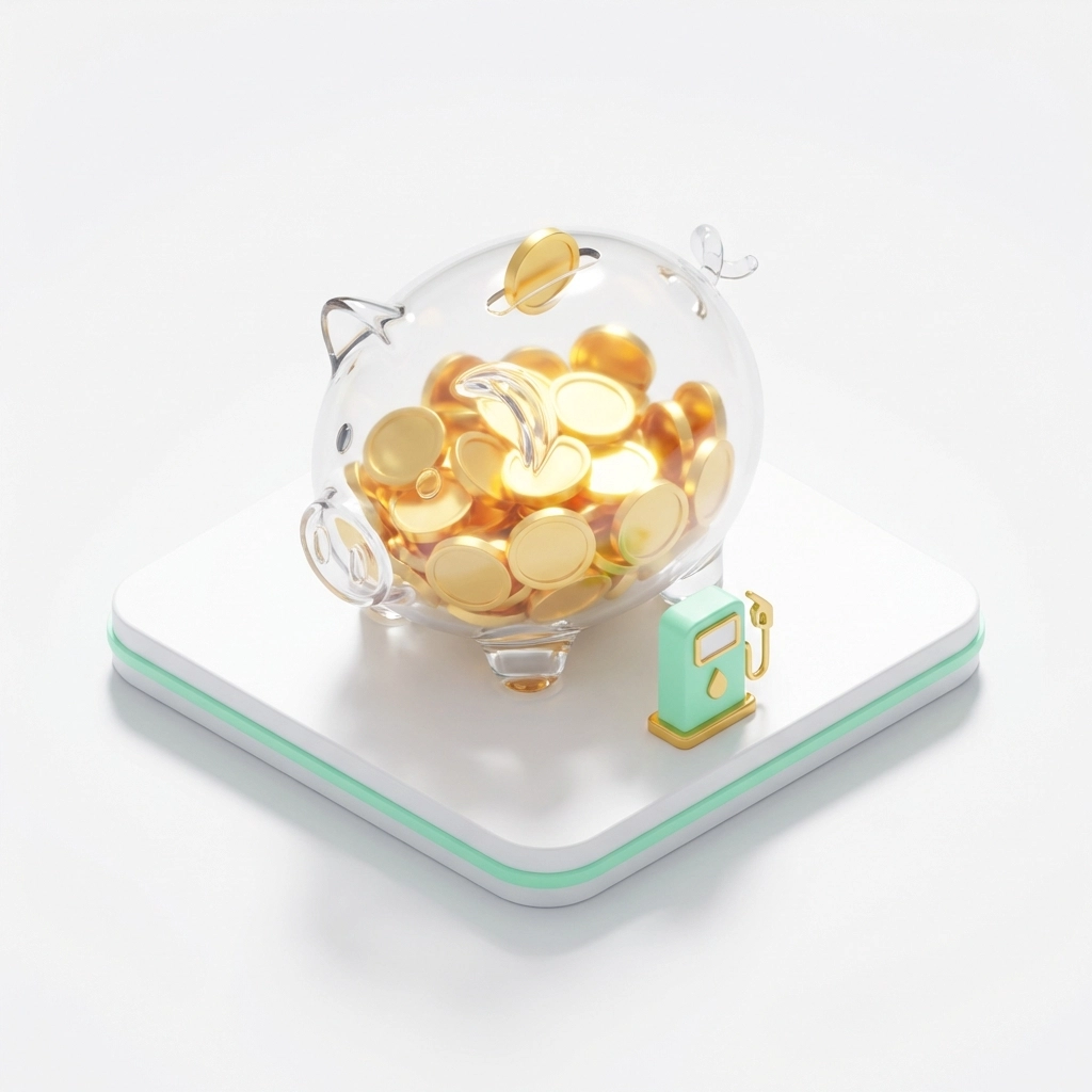 Transparent piggy bank with gold coins and gas icon symbolizing minimal crypto transaction fees
