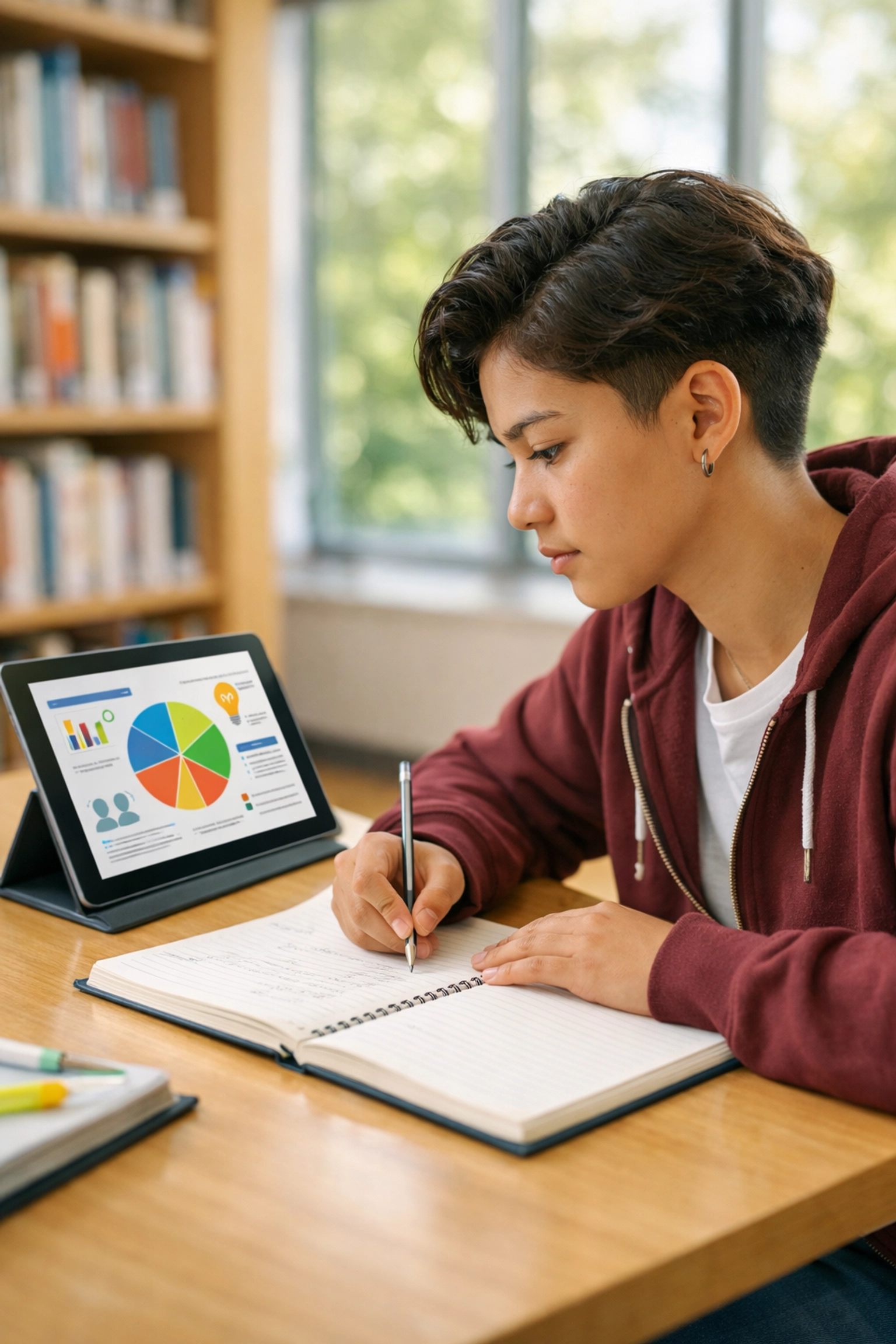 Student studying SAT Reading synthesis notes while analyzing an infographic in a modern, quiet library.