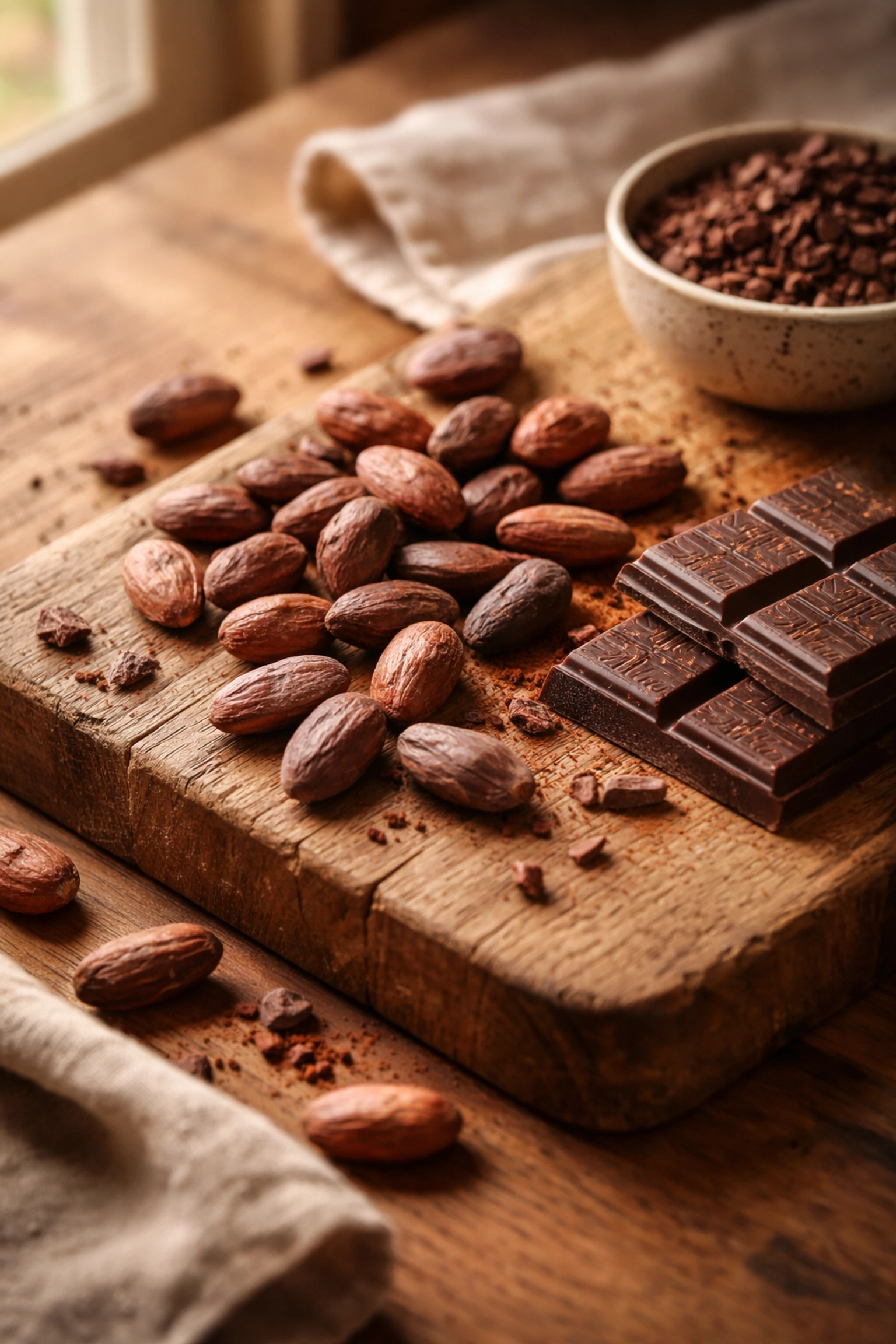 Raw cacao beans and artisan chocolate pieces on a rustic cutting board, highlighting bean-to-bar chocolate simplicity