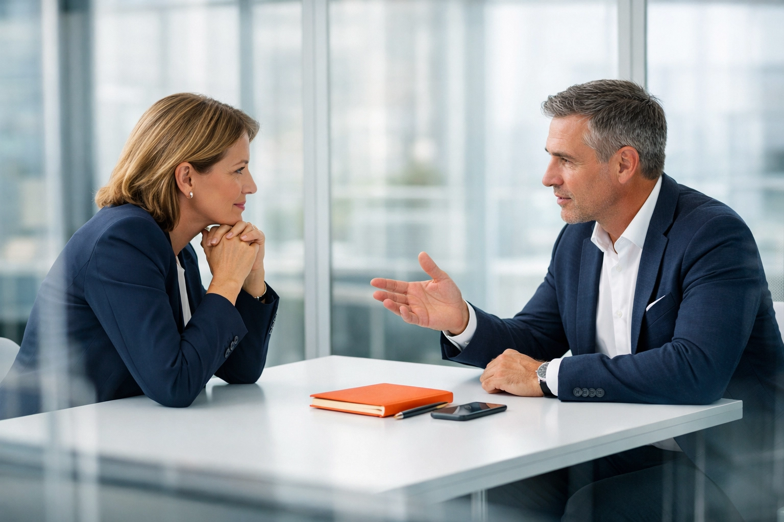 Private business coaching session between founder and advisor in conference room
