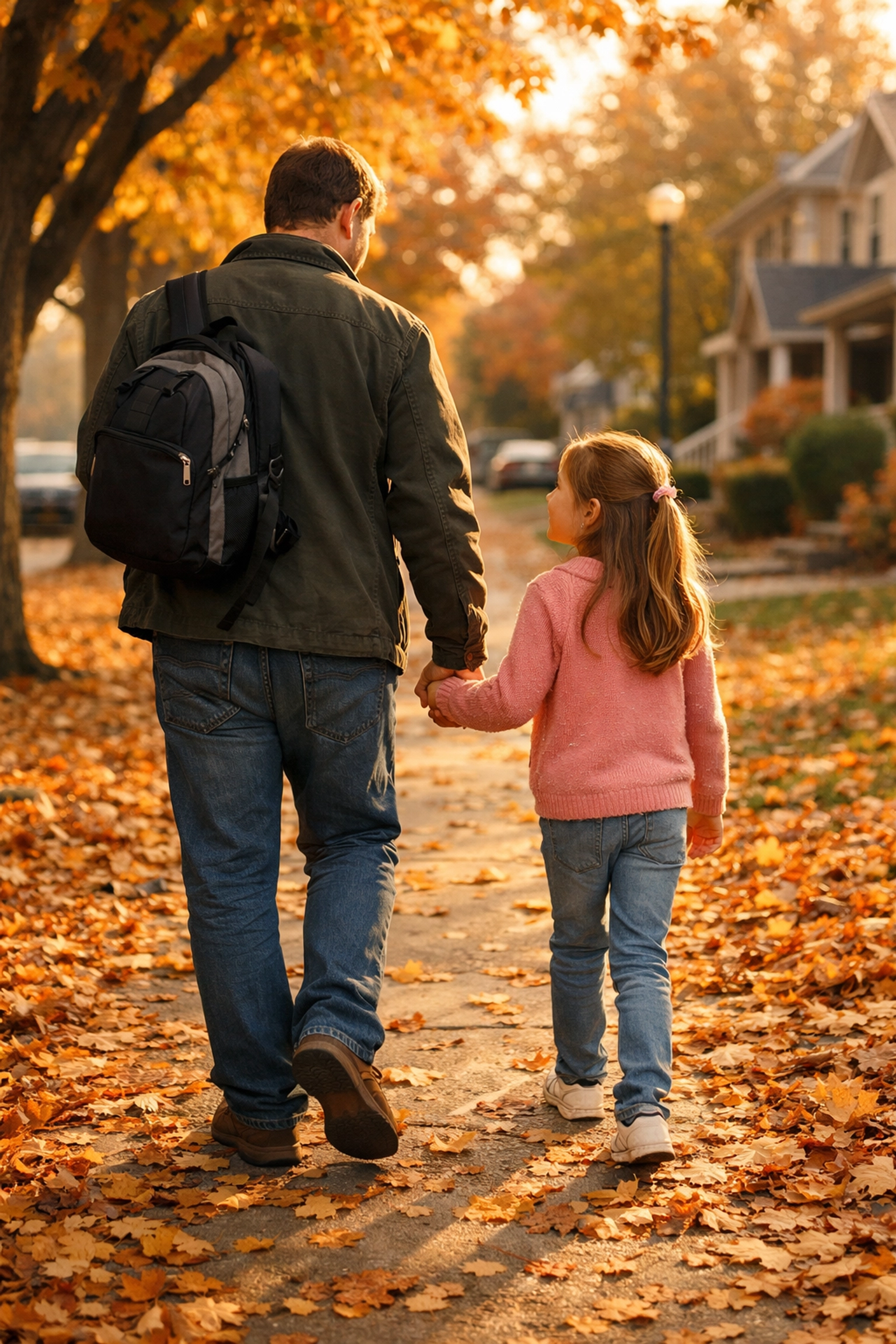 Father walking with daughter during custody time in Fredericksburg VA after custody order enforcement