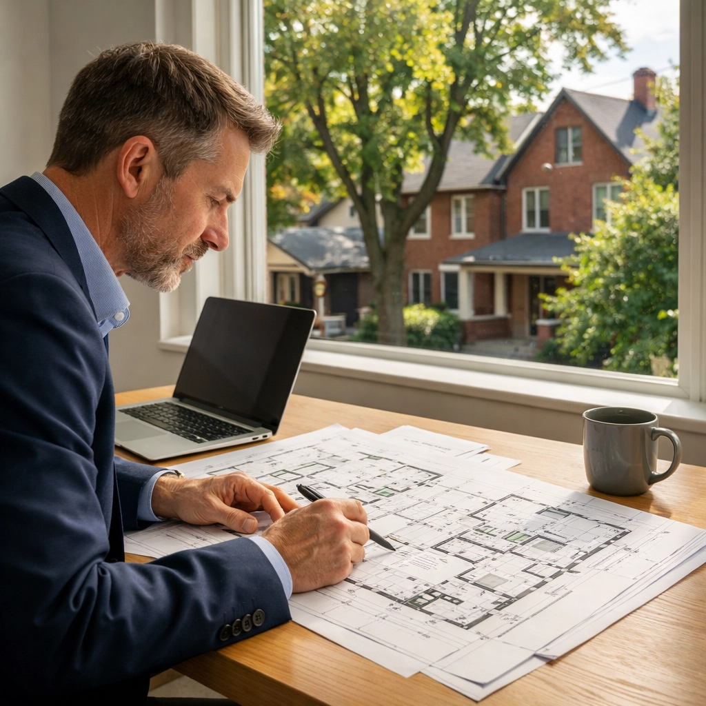 Real estate consultant in Kitchener reviewing blueprints for rental property renovations and bylaw compliance.