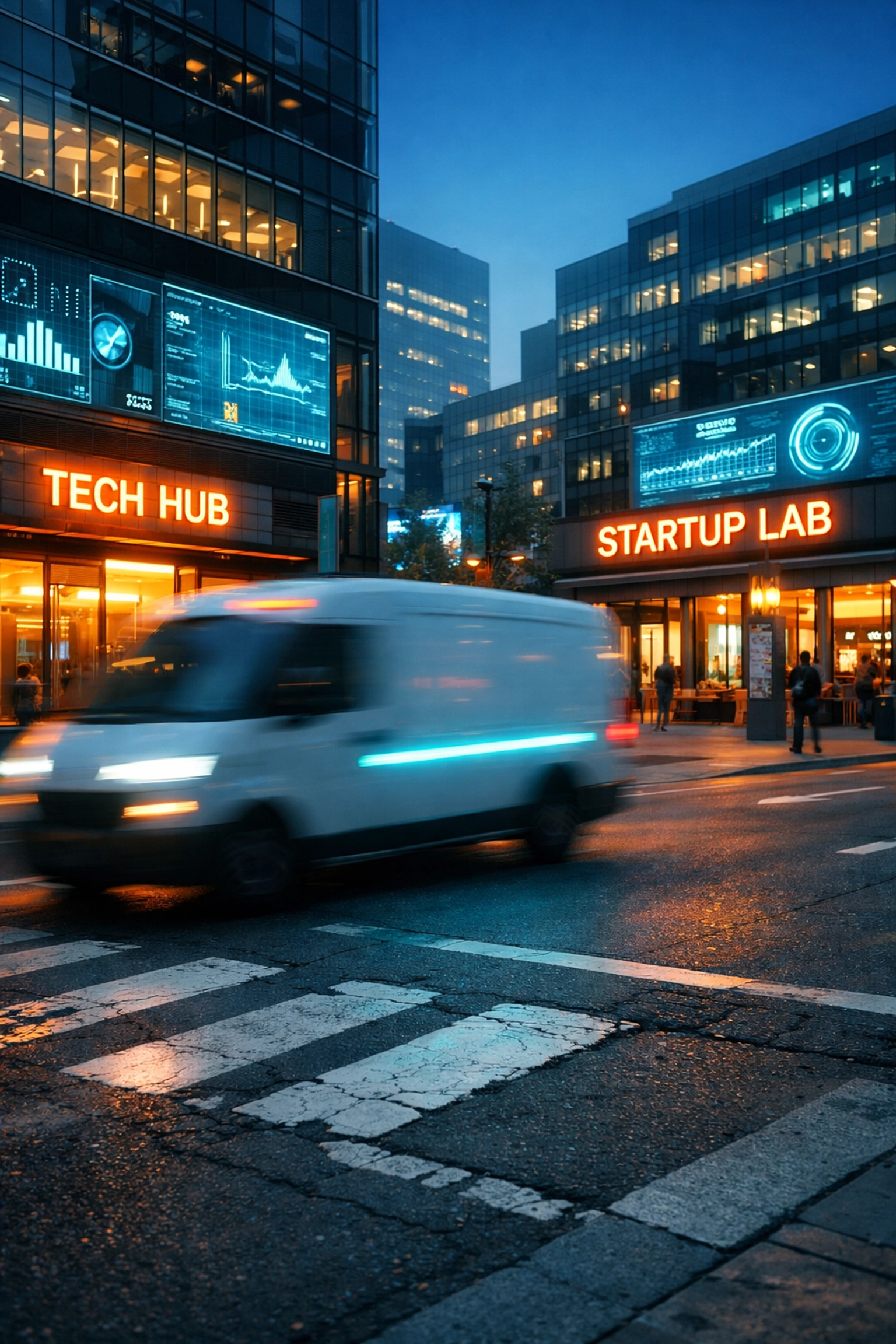 A modern delivery vehicle in Pangyo Techno Valley, illustrating Korea's advanced e-commerce infrastructure.