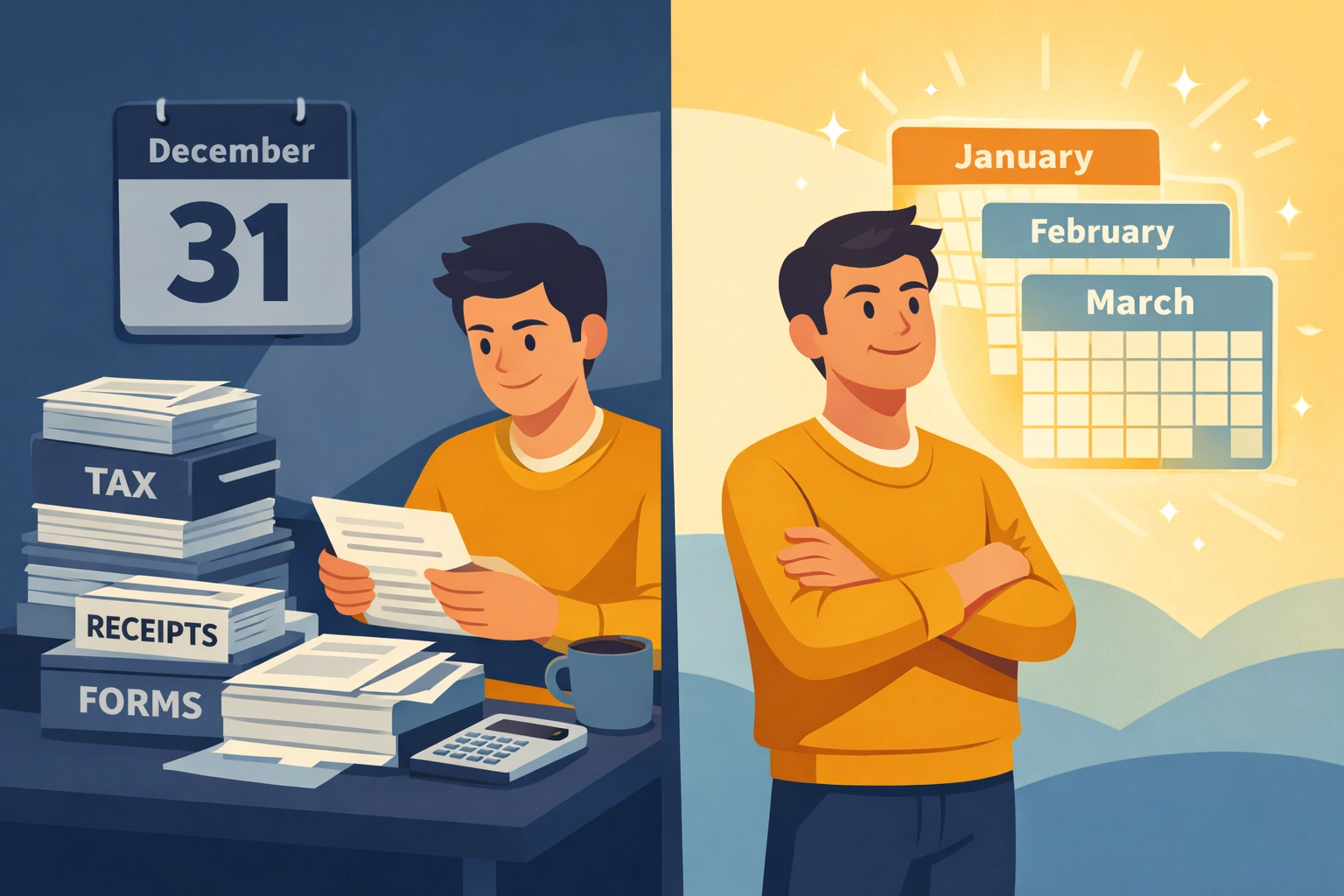 Tax preparation documents and calendar showing past year filing versus future tax planning