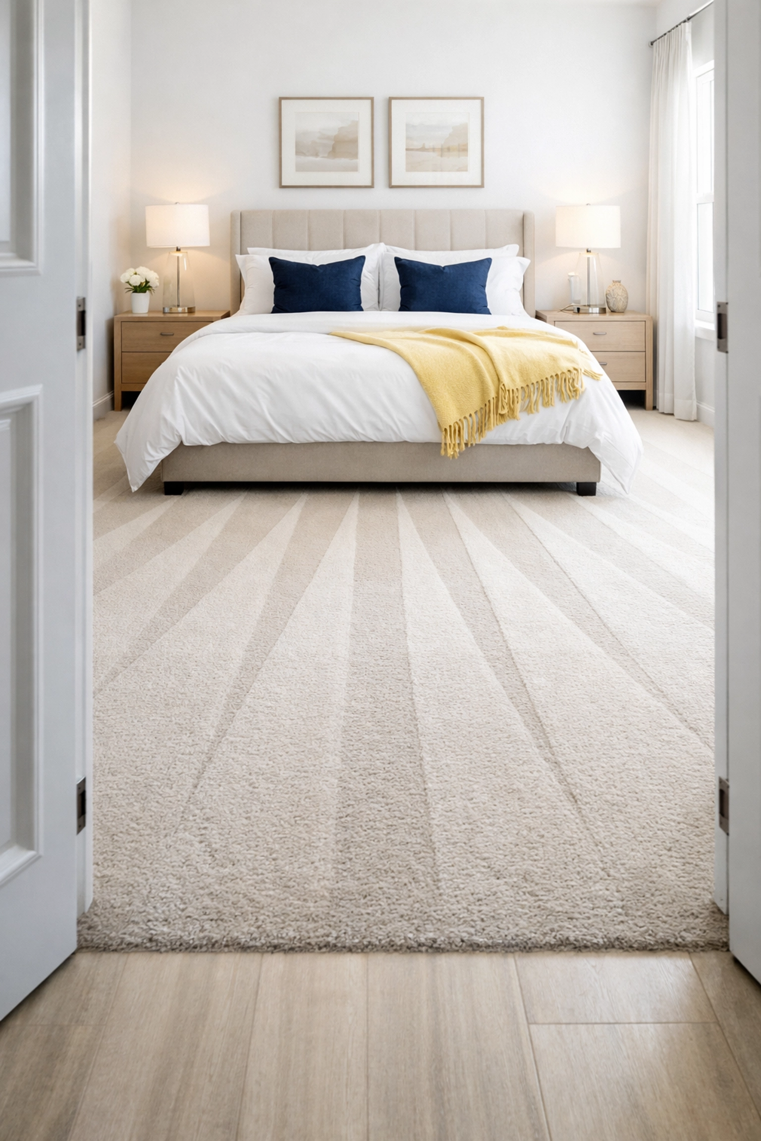 Bright master bedroom in Concord with vacuumed carpets and fresh linens after a meticulous house cleaning.