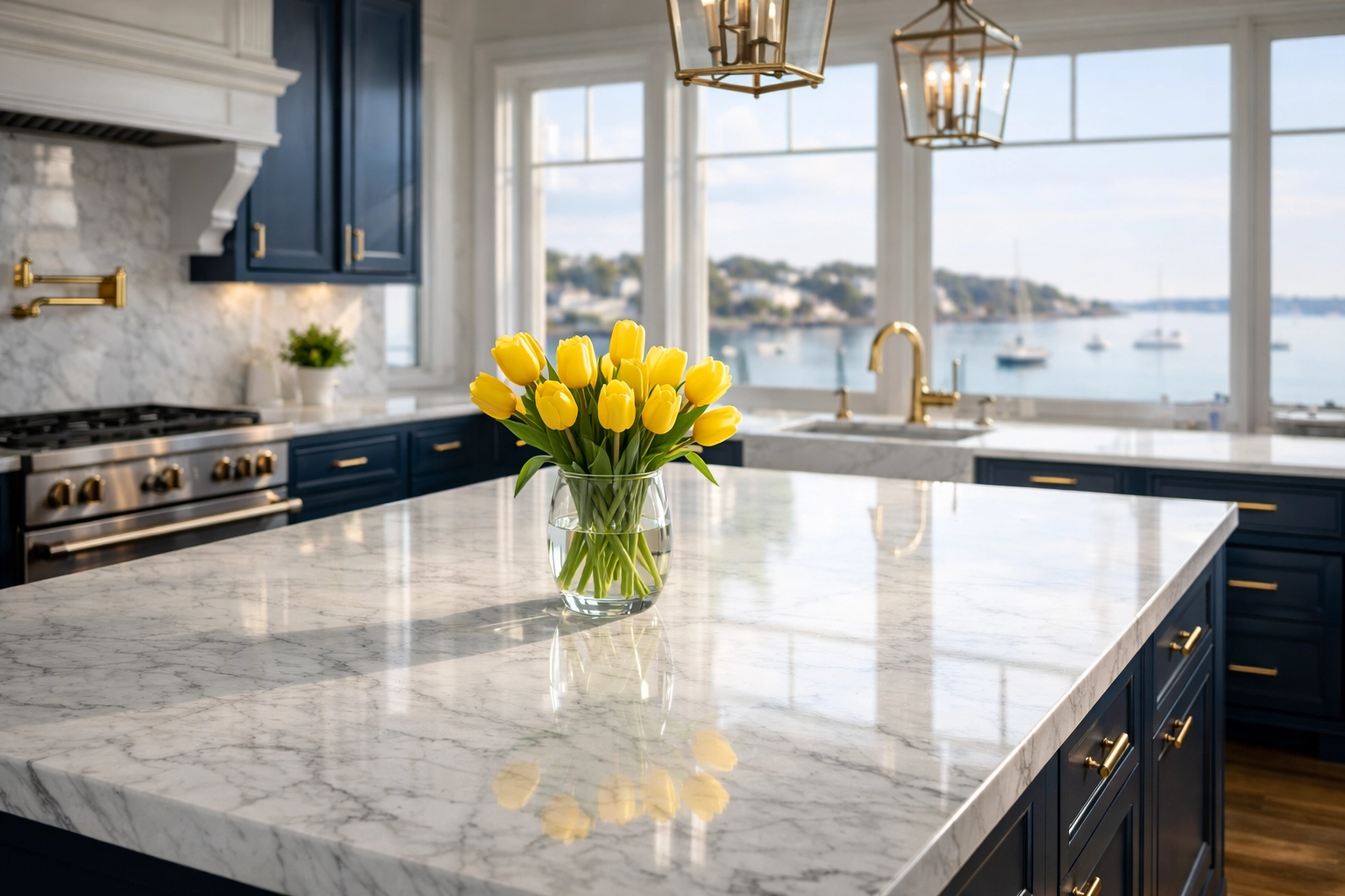 Spotless Marblehead Harbor estate kitchen featuring a marble island, part of a professional luxury cleaning service.