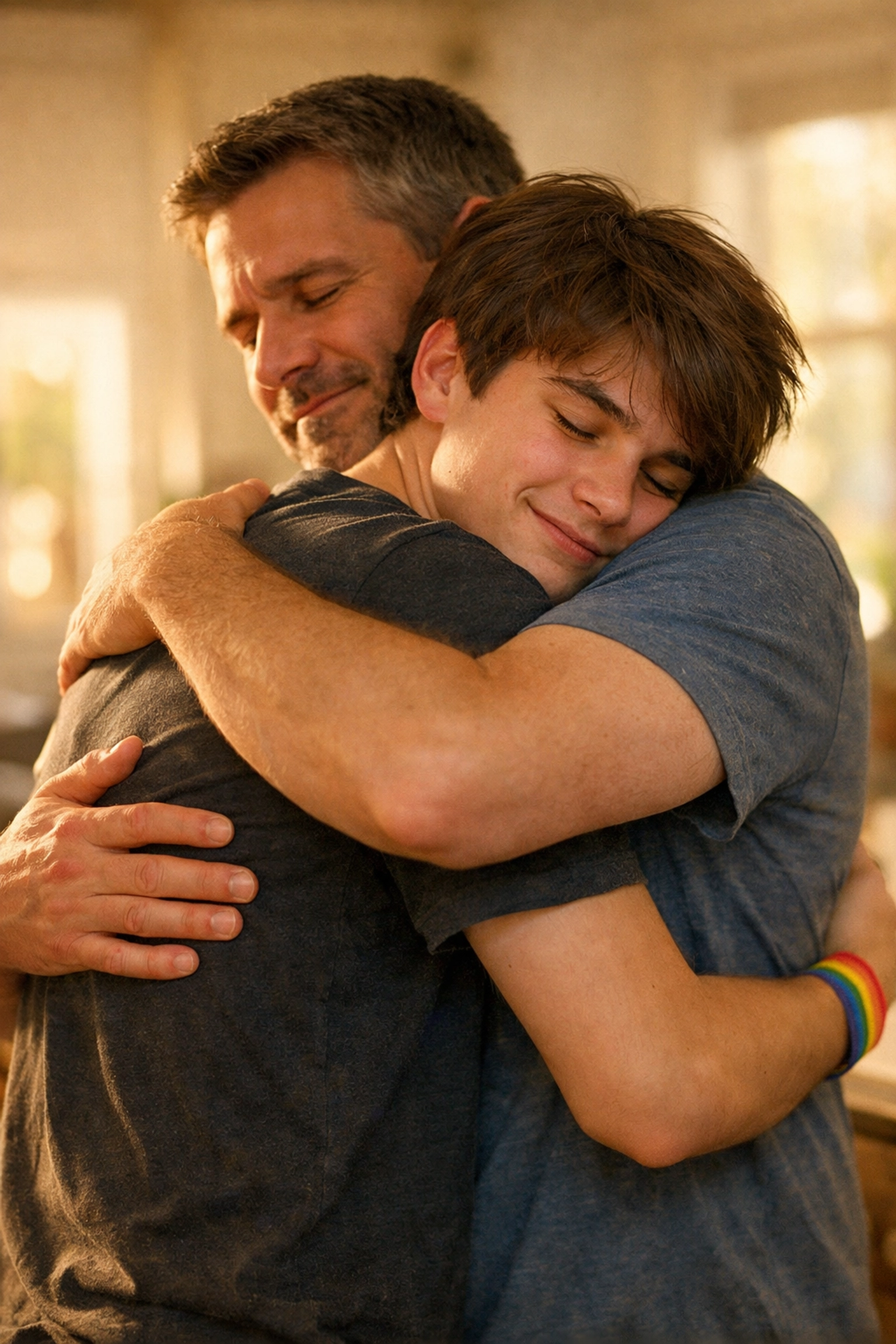 Supportive father hugging his teenage son after coming out, representing unconditional love and allyship.