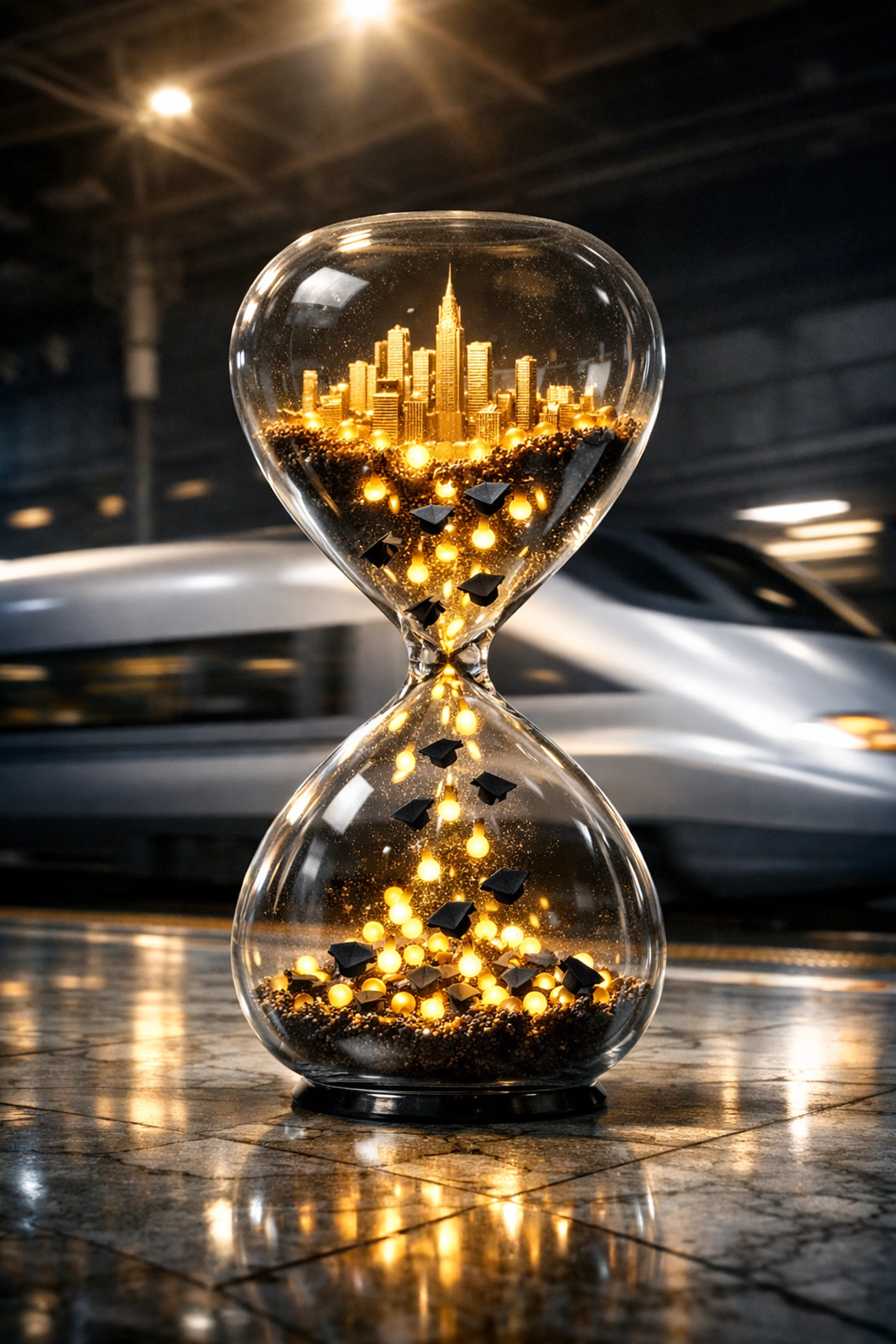 An hourglass on a station platform representing the use of commute time for professional skill mastery and learning.