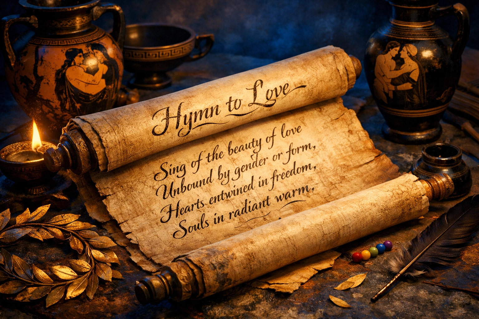 Ancient scroll and Greek pottery representing early LGBTQ+ literary heritage