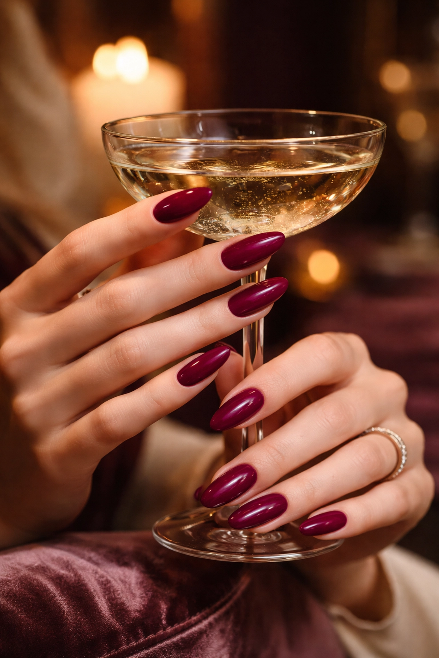 Elegant hands with long-lasting berry Russian manicure holding a champagne glass in a luxury setting