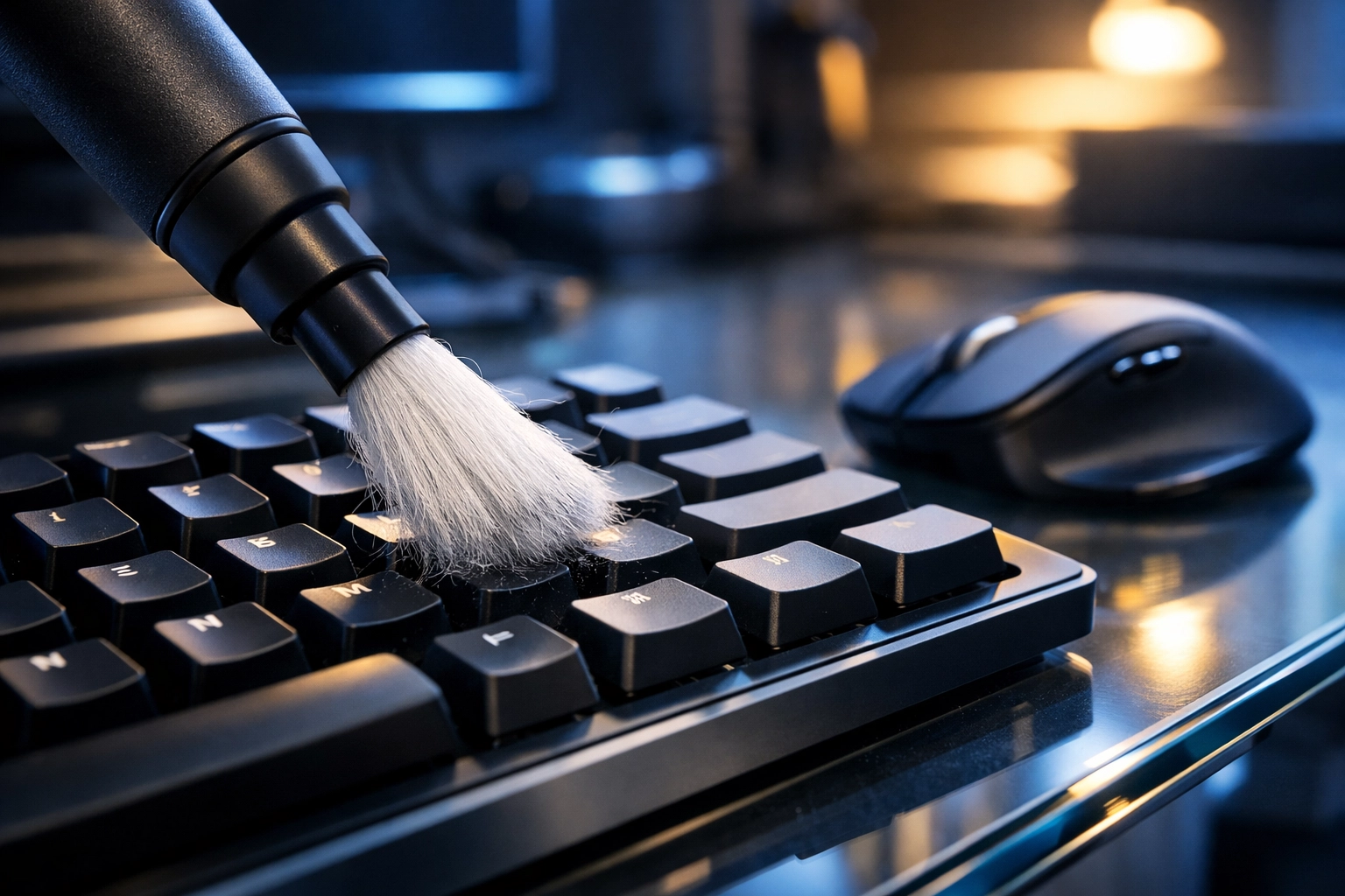 Expert office cleaning Worcester for high-tech keyboards and workstations in a clean Shrewsbury Street office.